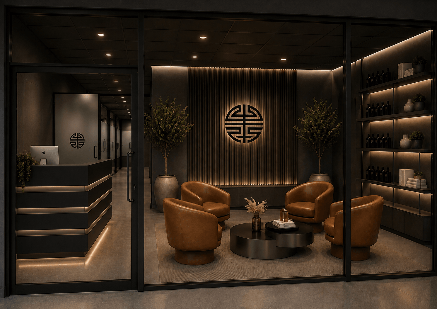 Luxurious lobby with four brown armchairs around a round table, dark wood walls, and decorative shelves, illuminated by warm lighting.