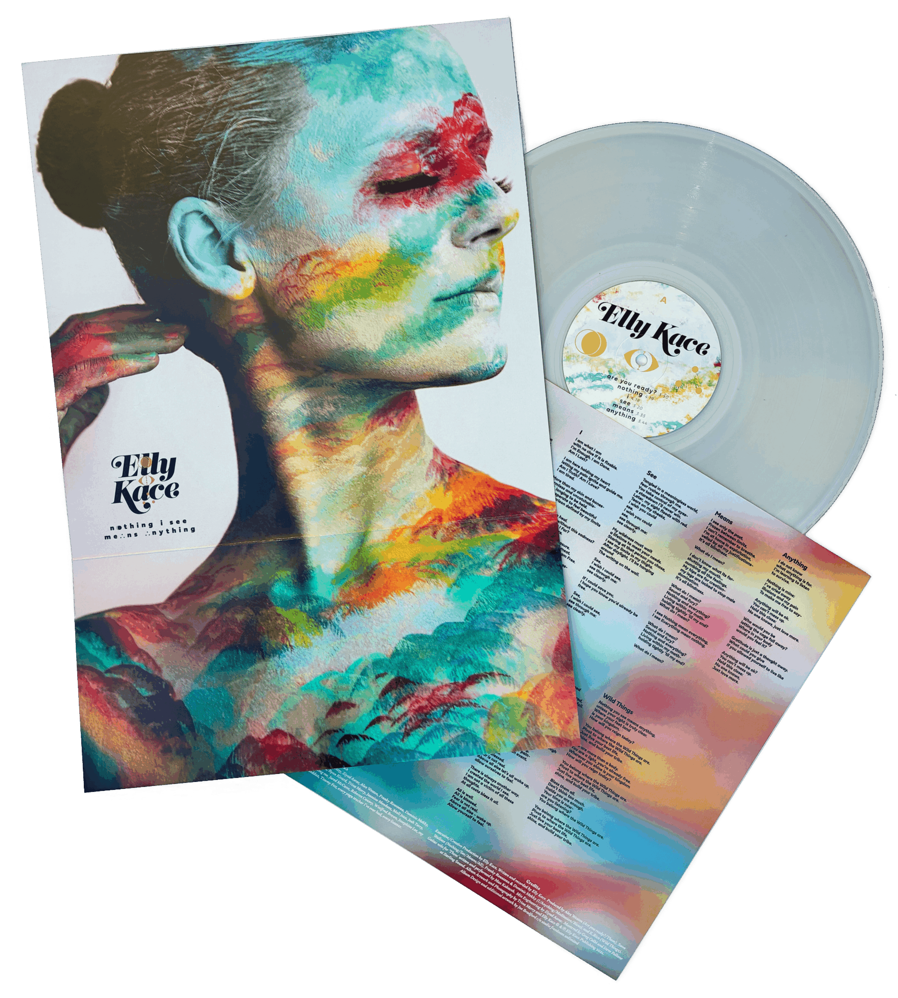 Album cover featuring a woman with colorful paint on her face and body, with a vinyl record and lyric sheet.
