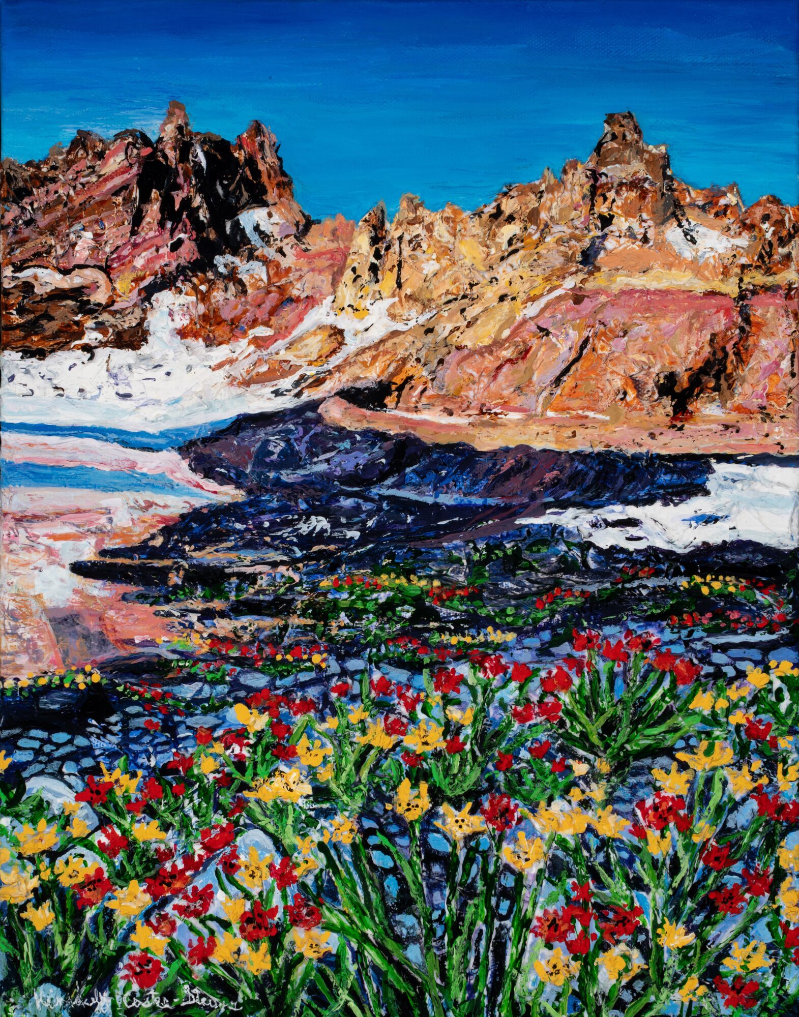Colorful landscape with mountains, a blue sky, and a field of red, yellow, and green flowers in the foreground.