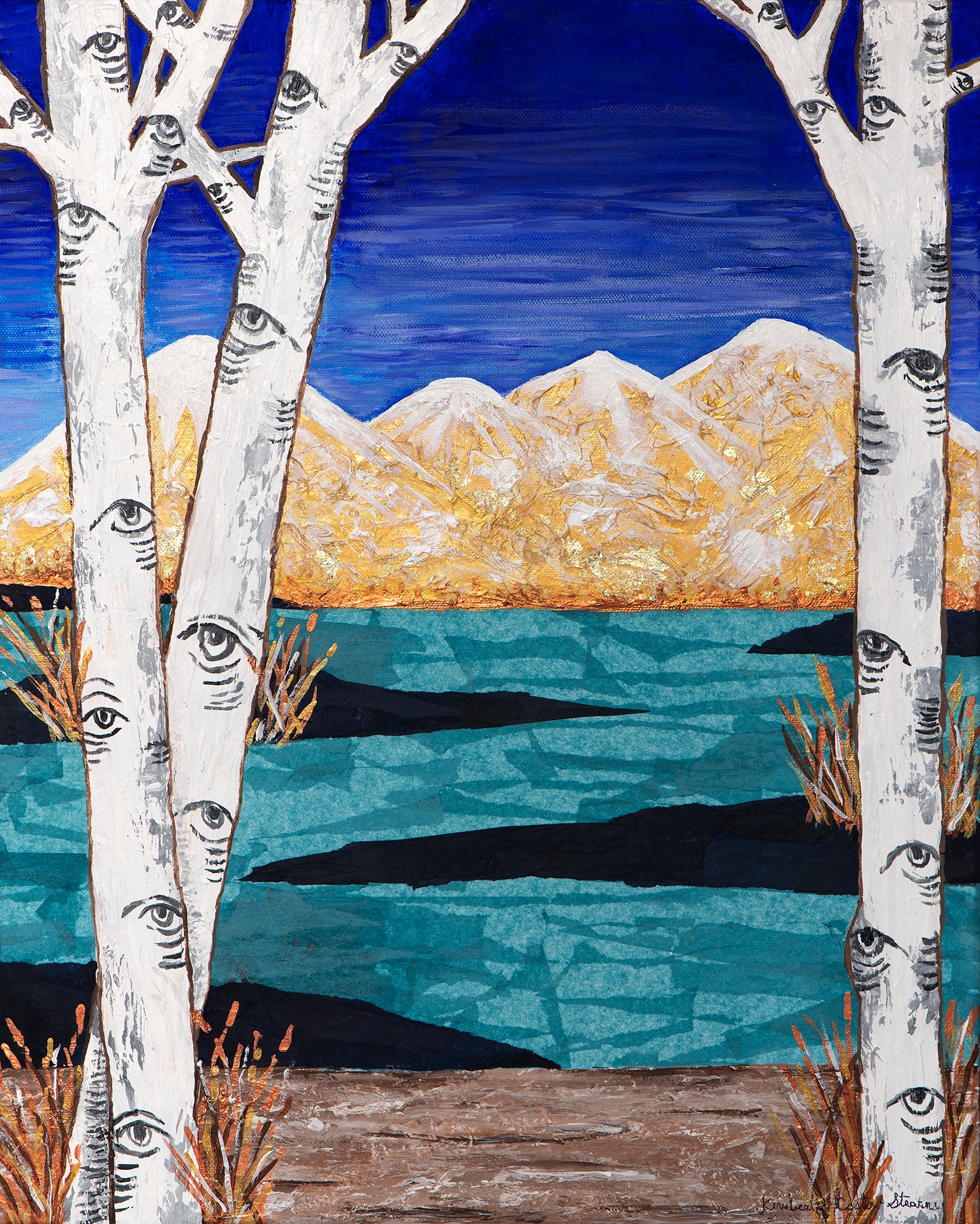Landscape with white birch trees, mountains, and a lake under a blue sky.