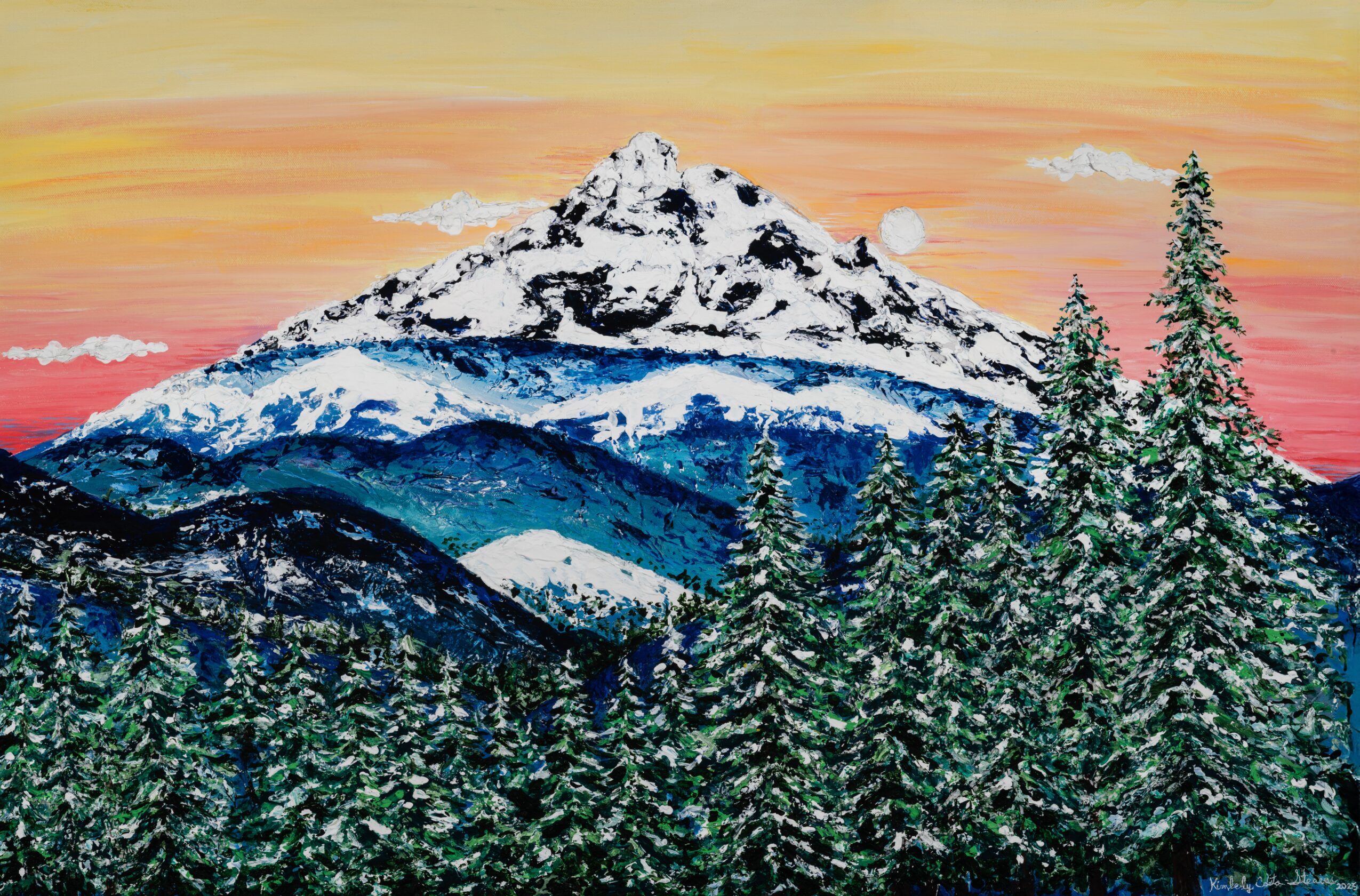 Snow-capped mountain with pine trees in foreground, colorful sky at sunset or sunrise, painted in a landscape style.