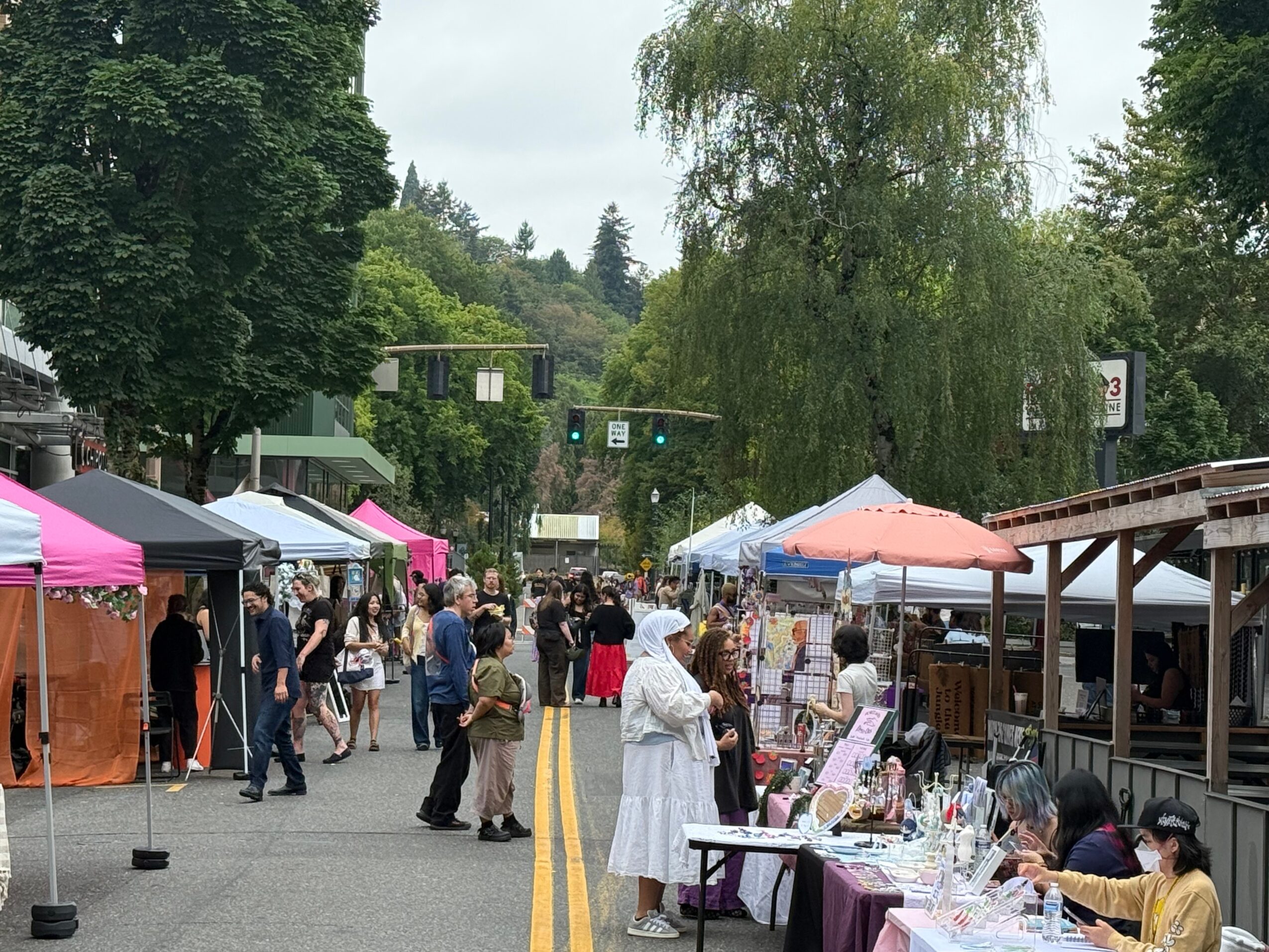 Outdoor market with tents, people browsing, and trees in the background on a cloudy day.
