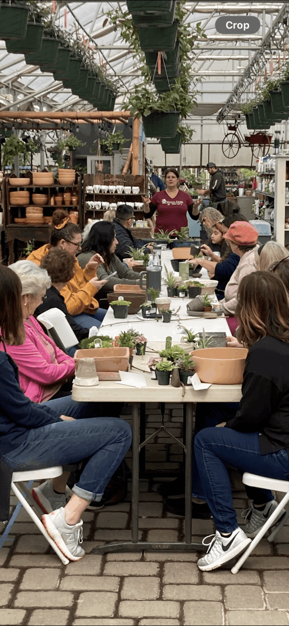 People sit at a long table in a greenhouse, listening to a speaker, with plants hanging overhead.