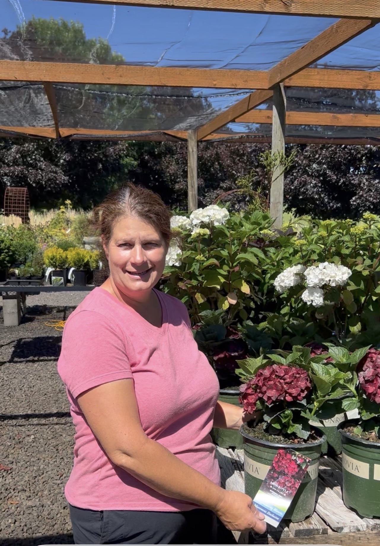 Young woman in pink shirt standing outdoors in a garden center with flowering plants, wooden structure overhead, and trees in background.