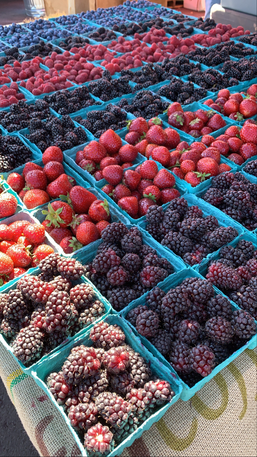 Baskets of strawberries, blackberries, and grapes arranged on a table, with some baskets containing mixed berries.