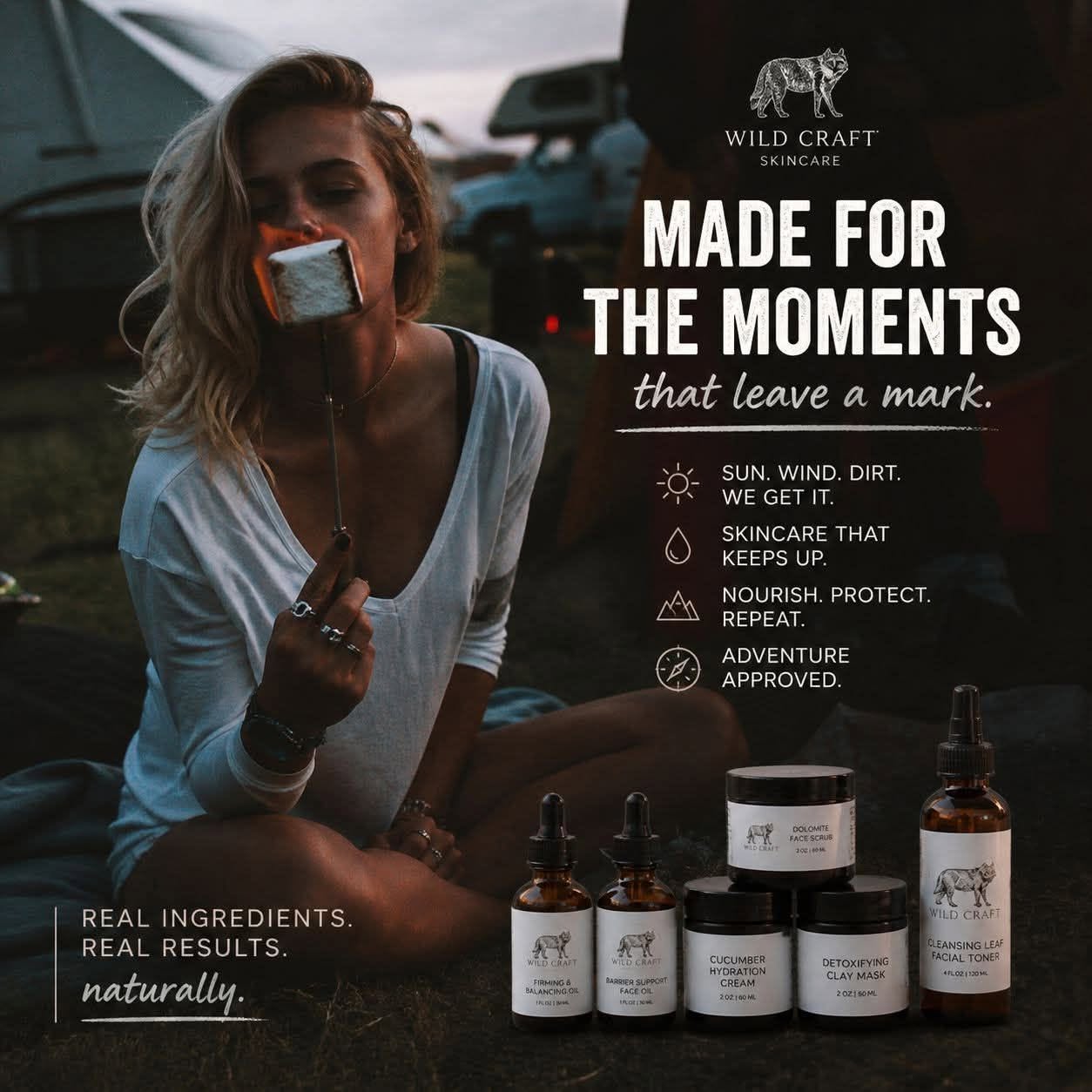 Woman sitting outdoors eating ice cream, with skincare products and text about skincare and adventure, in a promotional setting.
