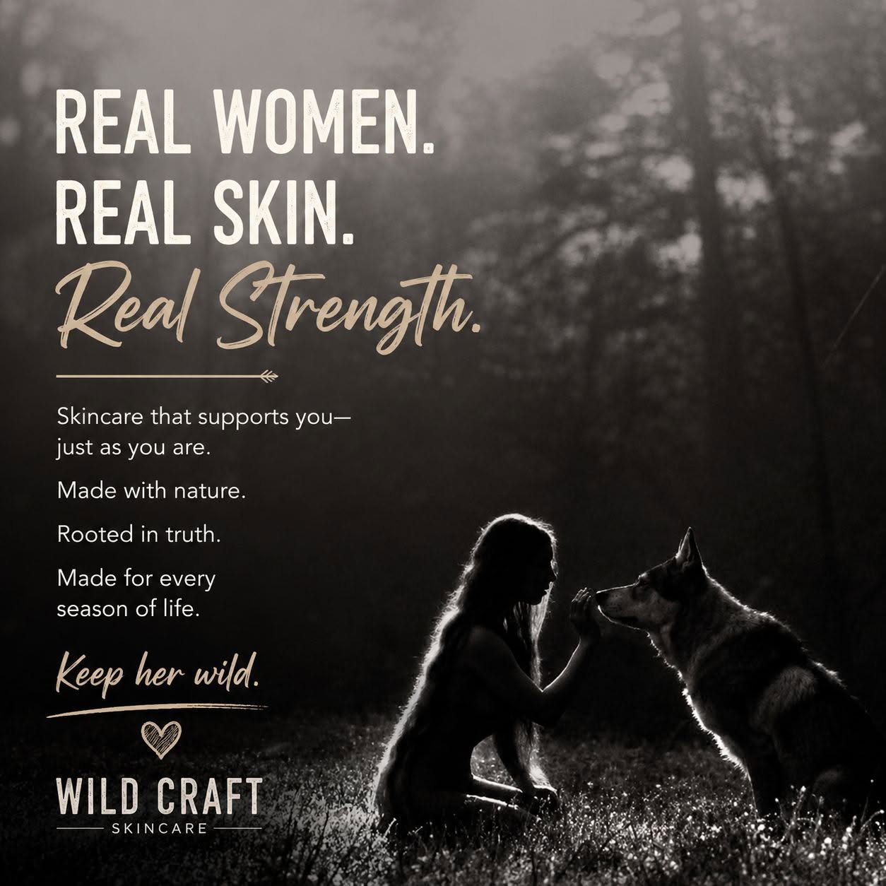 Silhouette of a woman and dog in a natural setting with trees, with text about skincare and strength.