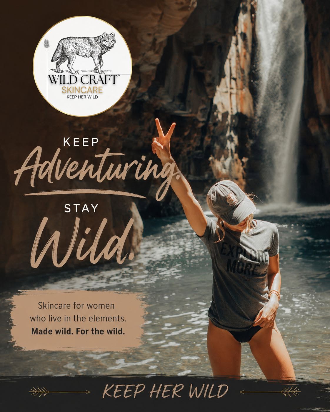 Woman in outdoor gear near waterfall making a peace sign, with text about adventure and wild skincare for women.