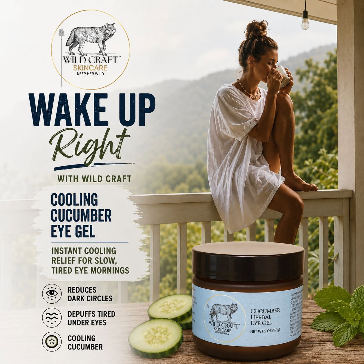 Woman sitting on a balcony with cucumber slices and eye gel jar, greenery in background, morning light, relaxing scene.
