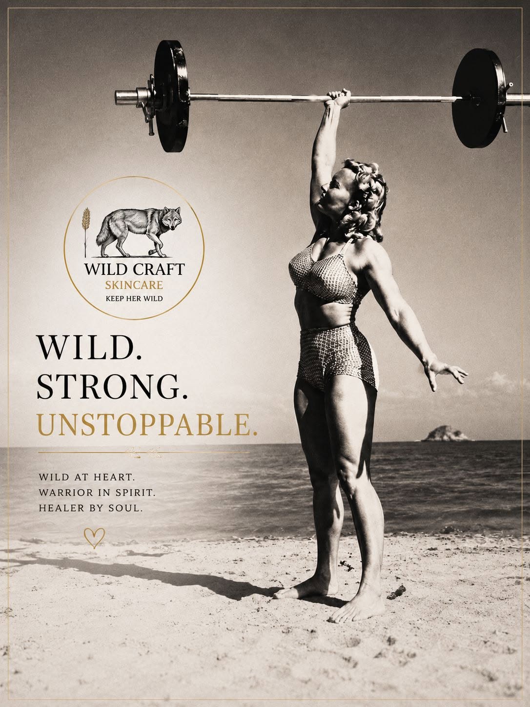 Woman on beach lifting a barbell overhead, with text about strength and resilience, logo, and beach background.