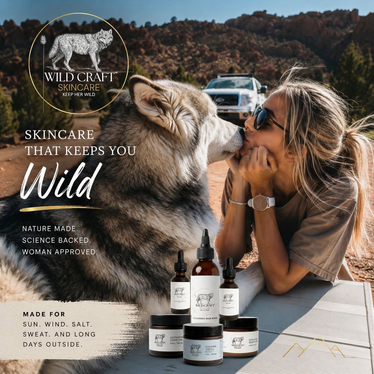 Woman with sunglasses and a dog outdoors with skincare products on table, mountains in background.