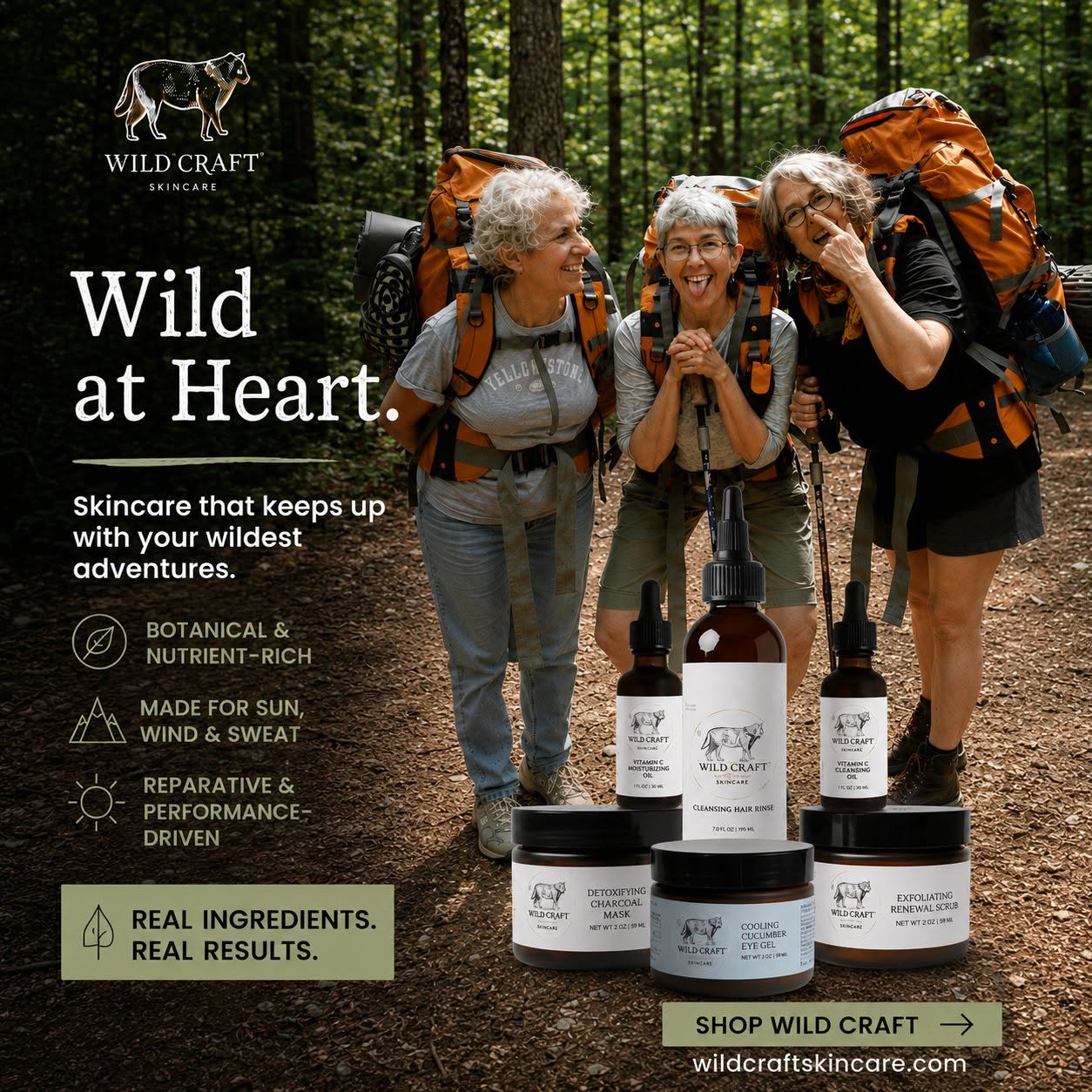 Three women with backpacks smiling and talking on a forest trail, surrounded by skincare products. Forest background with trees.