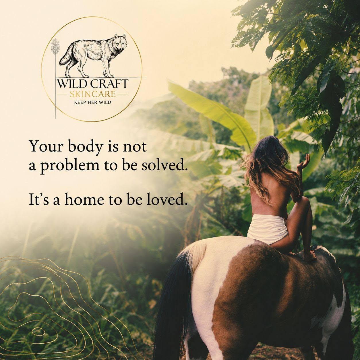 Child sitting on a horse in a lush green outdoor setting with sunlight filtering through trees, with text about body love and skincare.
