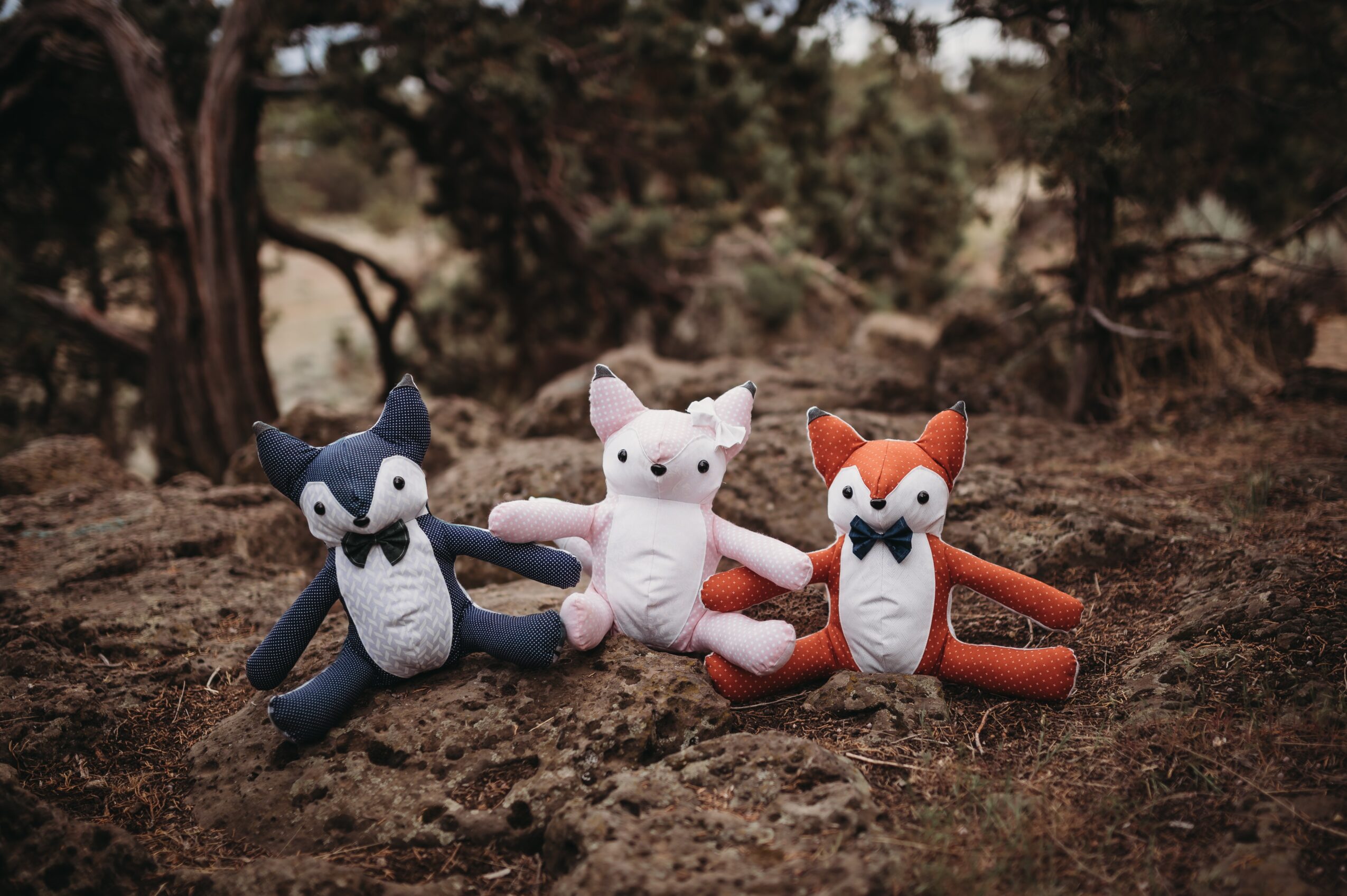Three plush fox toys sit on dirt ground with trees in the background, one blue, one white, and one orange, all with arms outstretched.