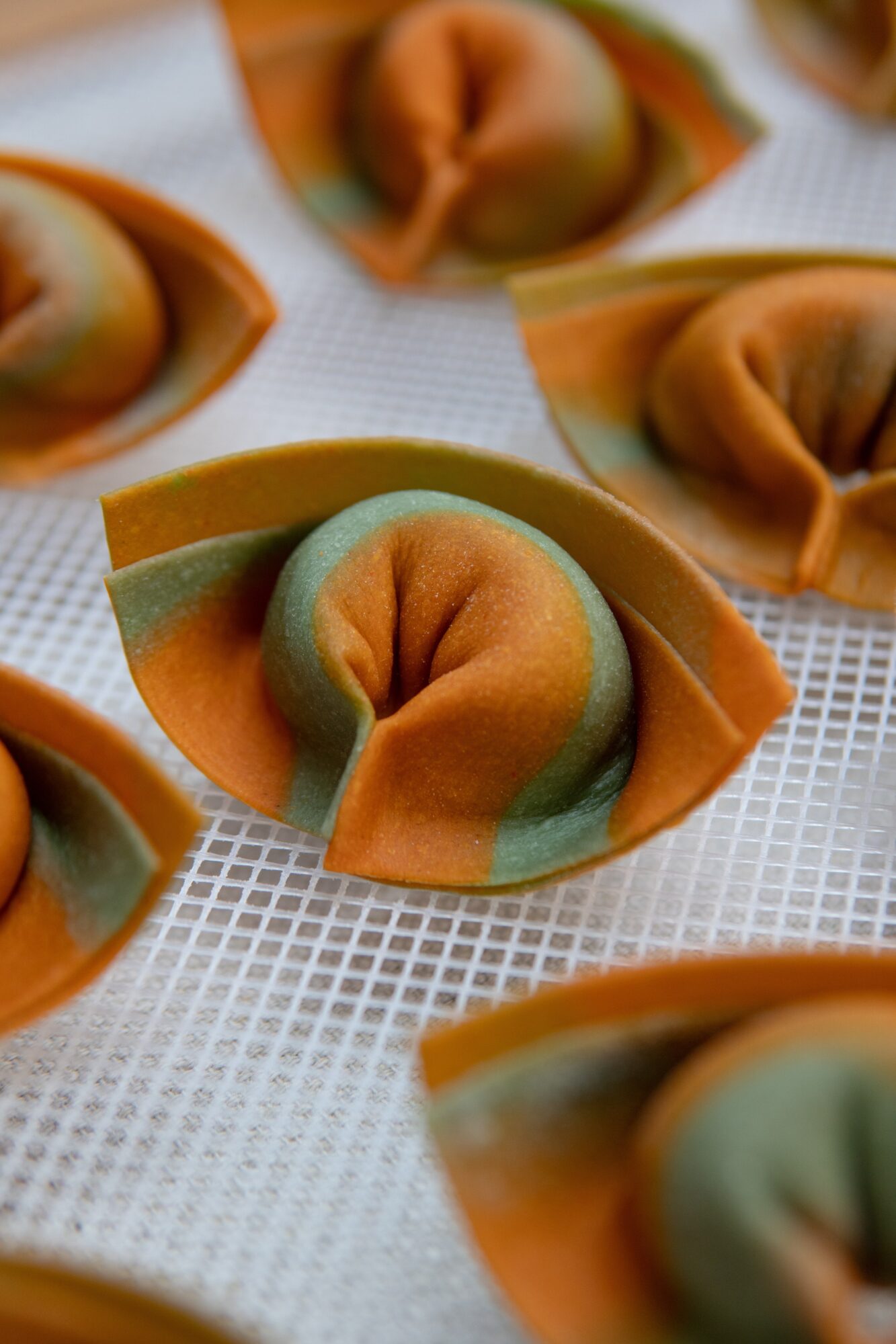 Colorful twisted pasta on a white textured surface, with some pasta overlapping each other.