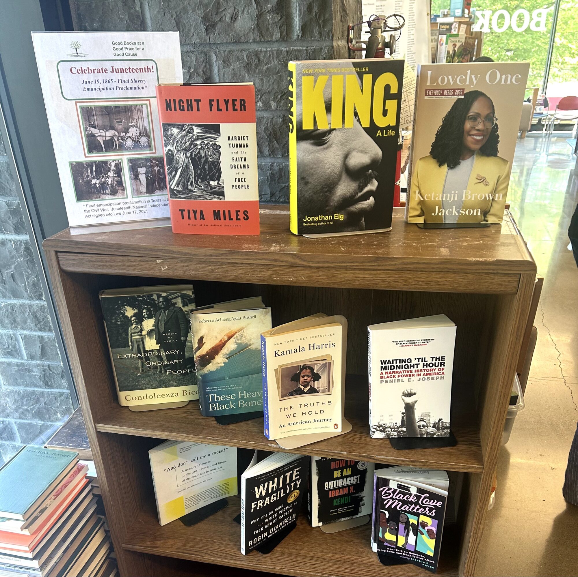 Books displayed on a wooden shelf, including biographies, novels, and poetry, with a window and street view in the background.