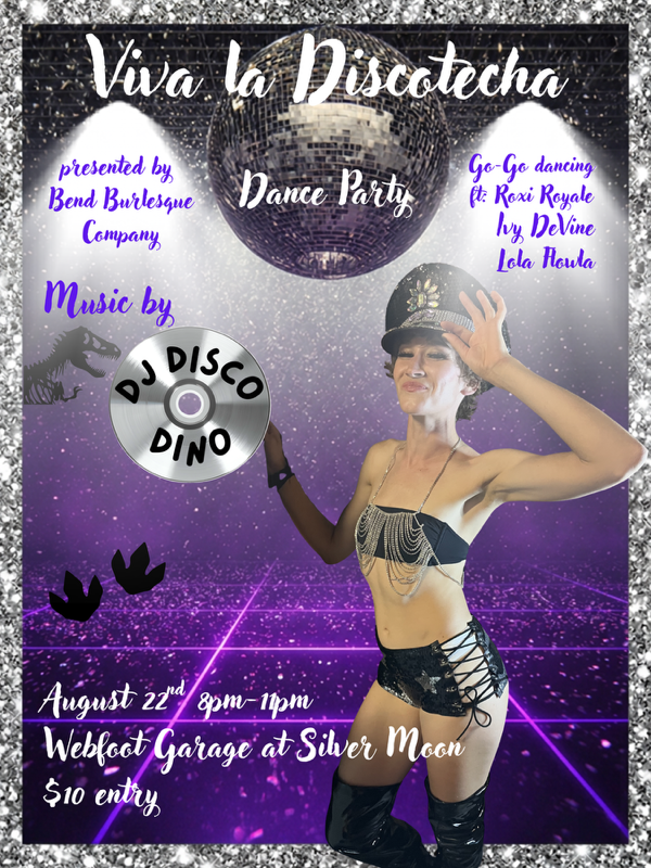 A woman in dance attire poses with a disco ball background, promoting a dance party event at Silver Moon on August 22nd.