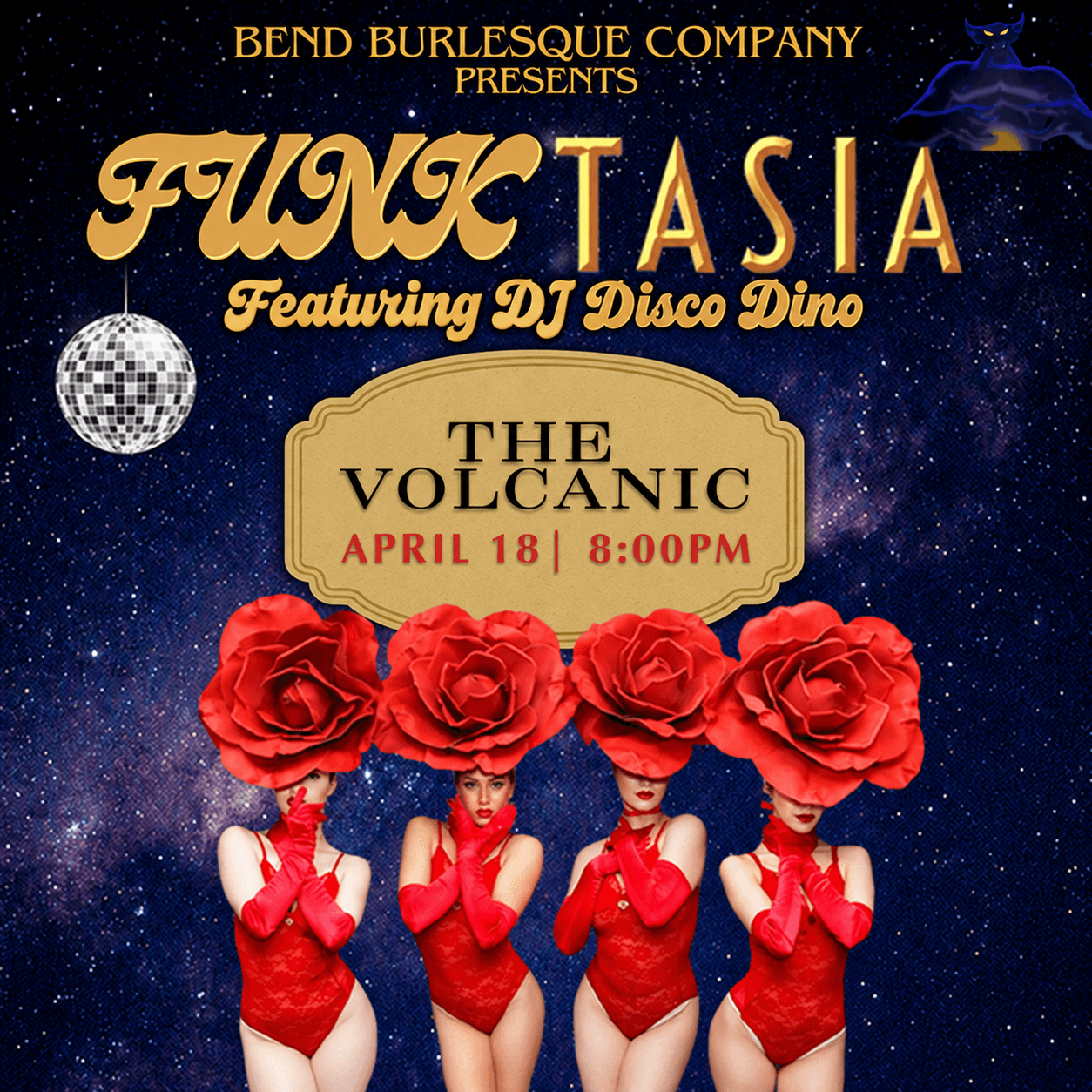 Event poster with four women in red costumes and roses on their heads, space background, and event details. Word count: 20