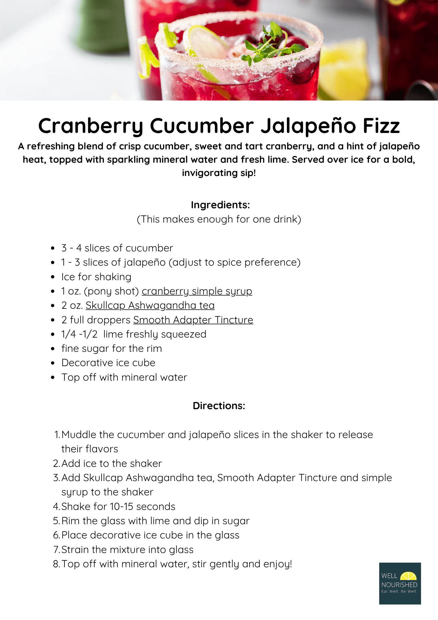 Cranberry cucumber jalapeño fizz drink with cranberries, cucumber slices, and jalapeño slices in a glass, garnished with mint.