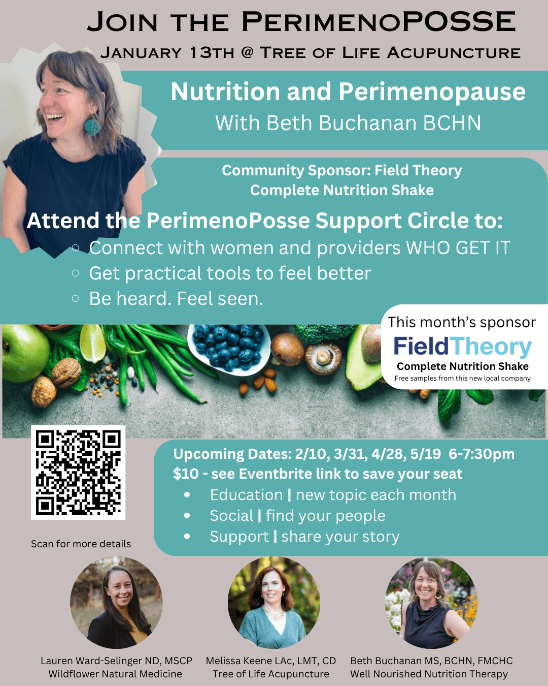 A woman with gray hair smiling and talking, promoting a nutrition and Perimenopause event with details and sponsor logos.