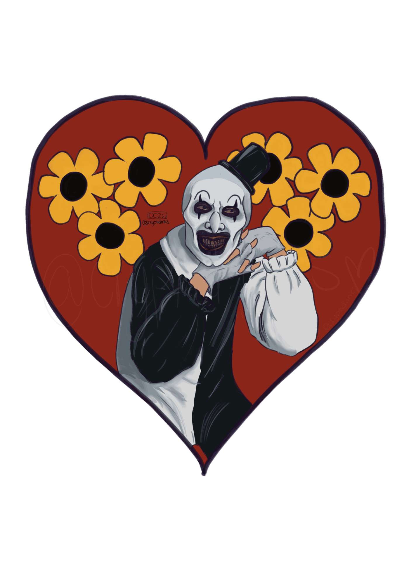 A clown with white face paint, black makeup, and a black hat, holding a white bag, inside a heart with yellow flowers.