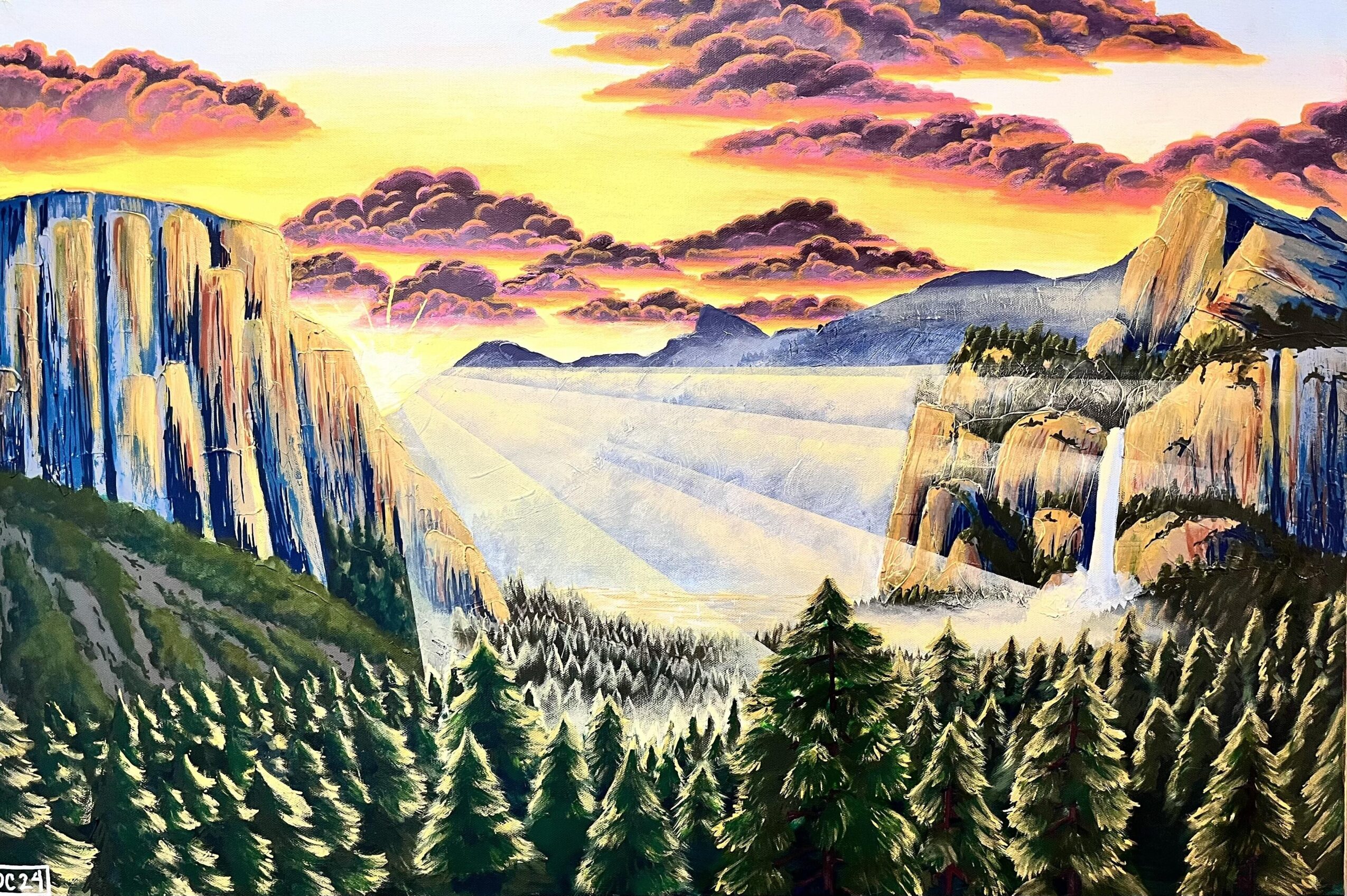 Landscape painting of mountains, waterfalls, and a forest with a colorful sky, clouds, and distant hills.