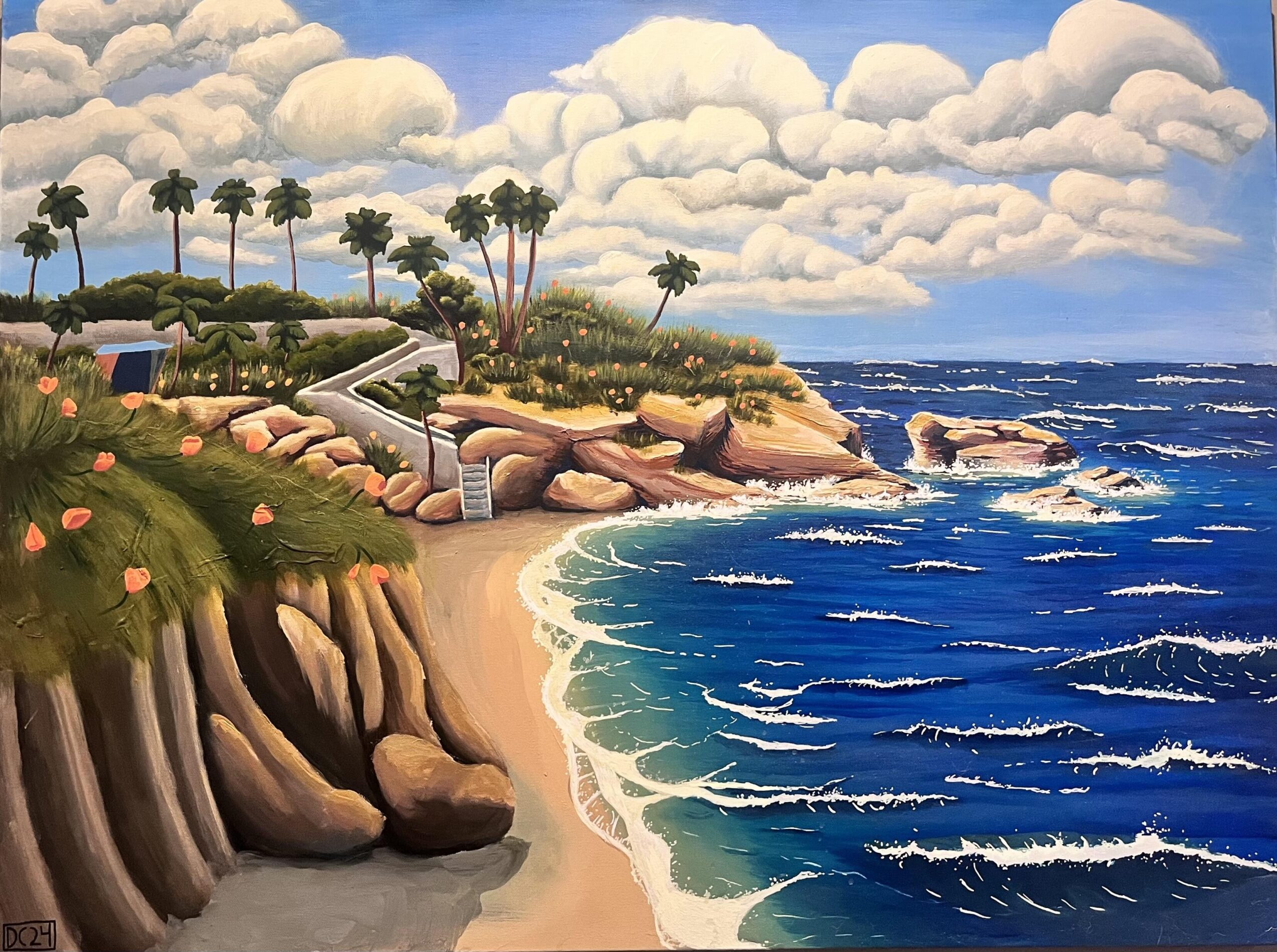 Coastal scene with sandy beach, rocky cliffs, palm trees, ocean waves, and cloudy sky.