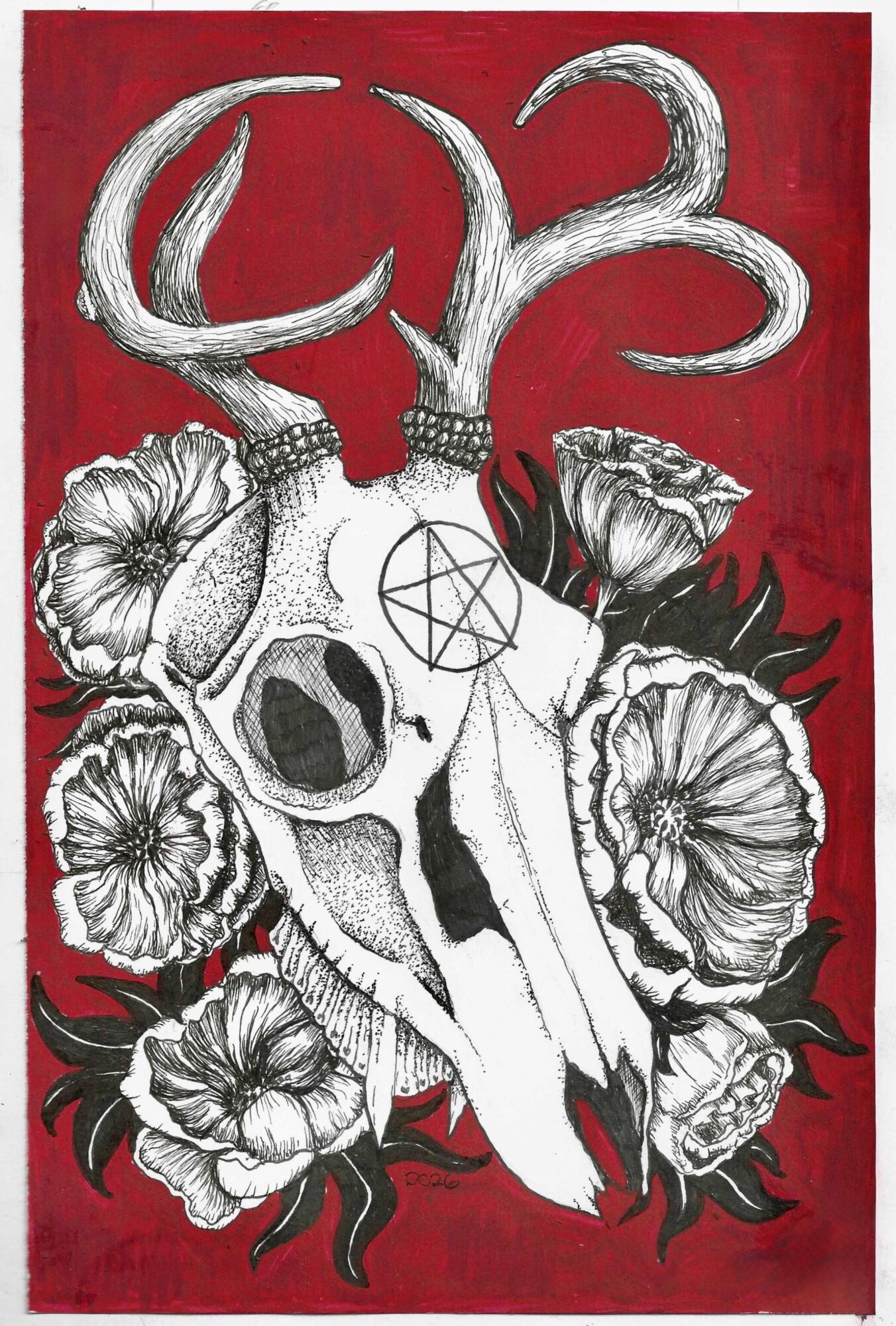 Skull of a deer with antlers, surrounded by flowers, on a red background.