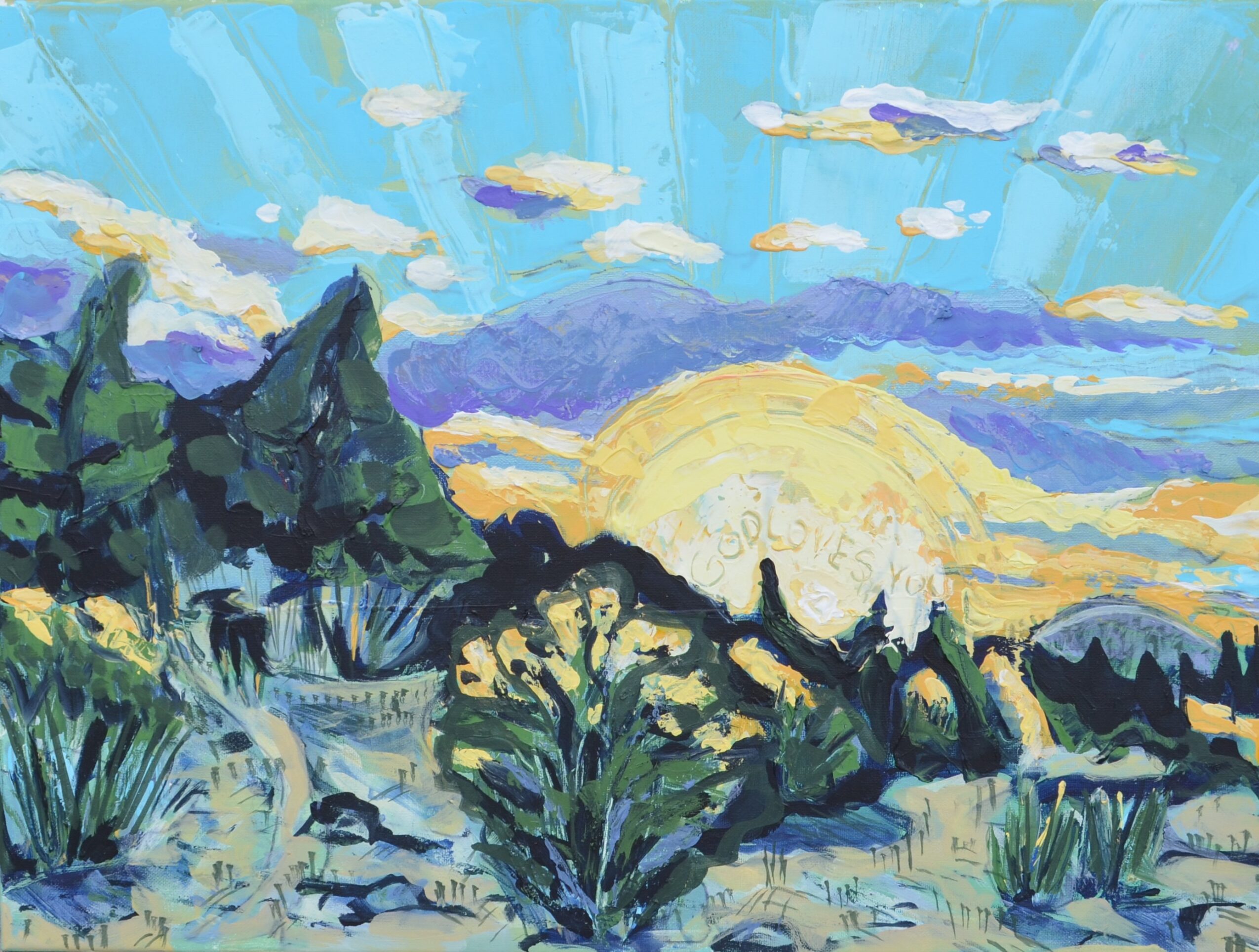 Sunset over a landscape with trees, hills, and a bright sun, painted in vibrant, expressive brushstrokes.