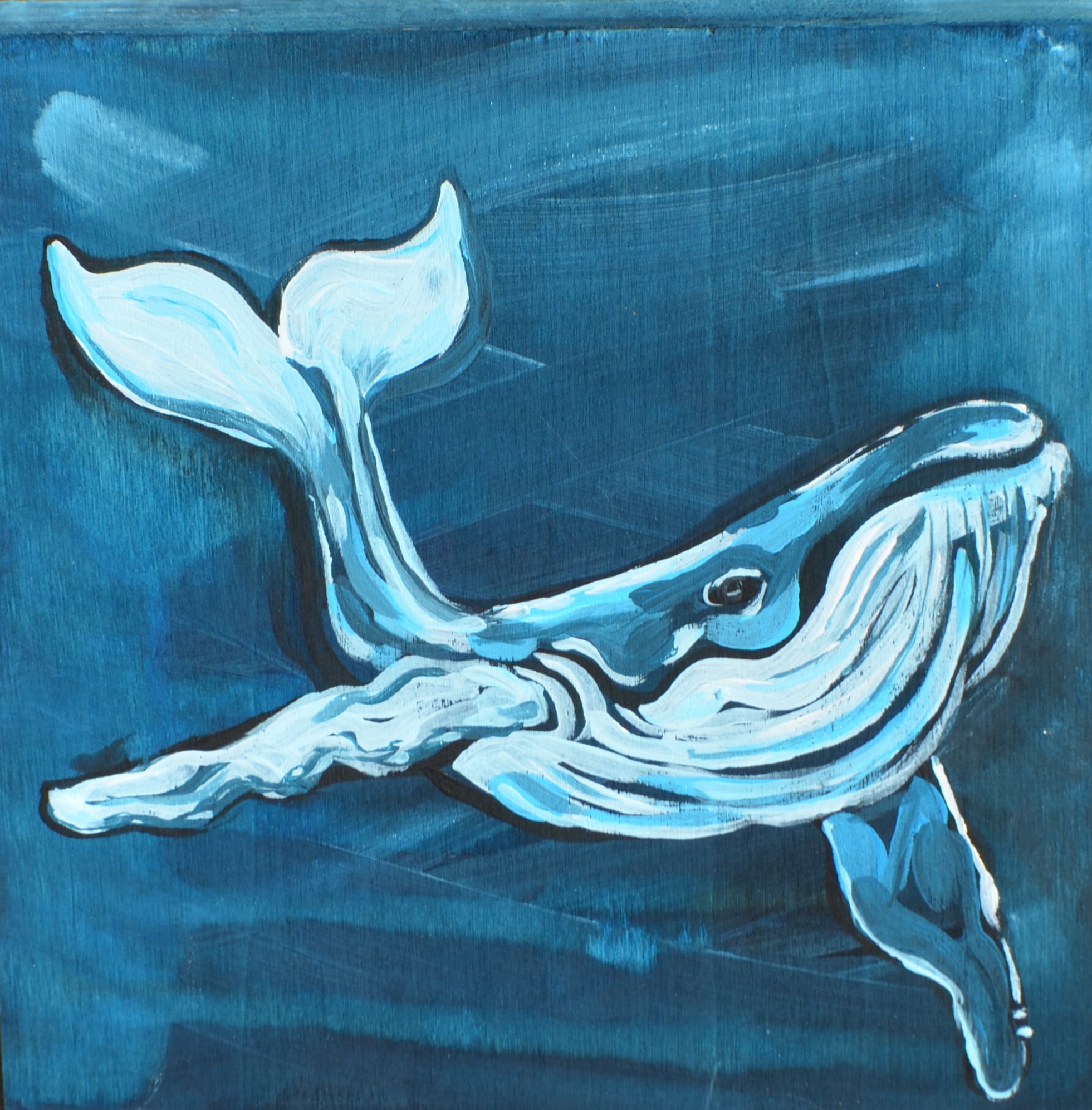 Painting of a whale swimming underwater with a blue background, detailed tail, and body.