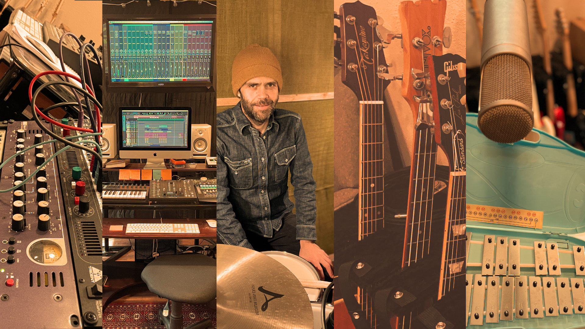 Music studio with mixing equipment, a person in a beanie, and guitars on a wall, viewed from the side.