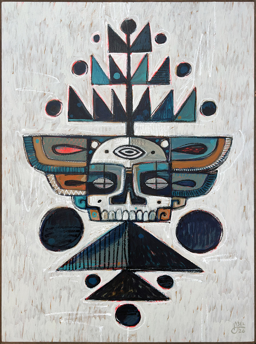 Abstract geometric design resembling a stylized face with symmetrical shapes, circles, and patterns on a light background.