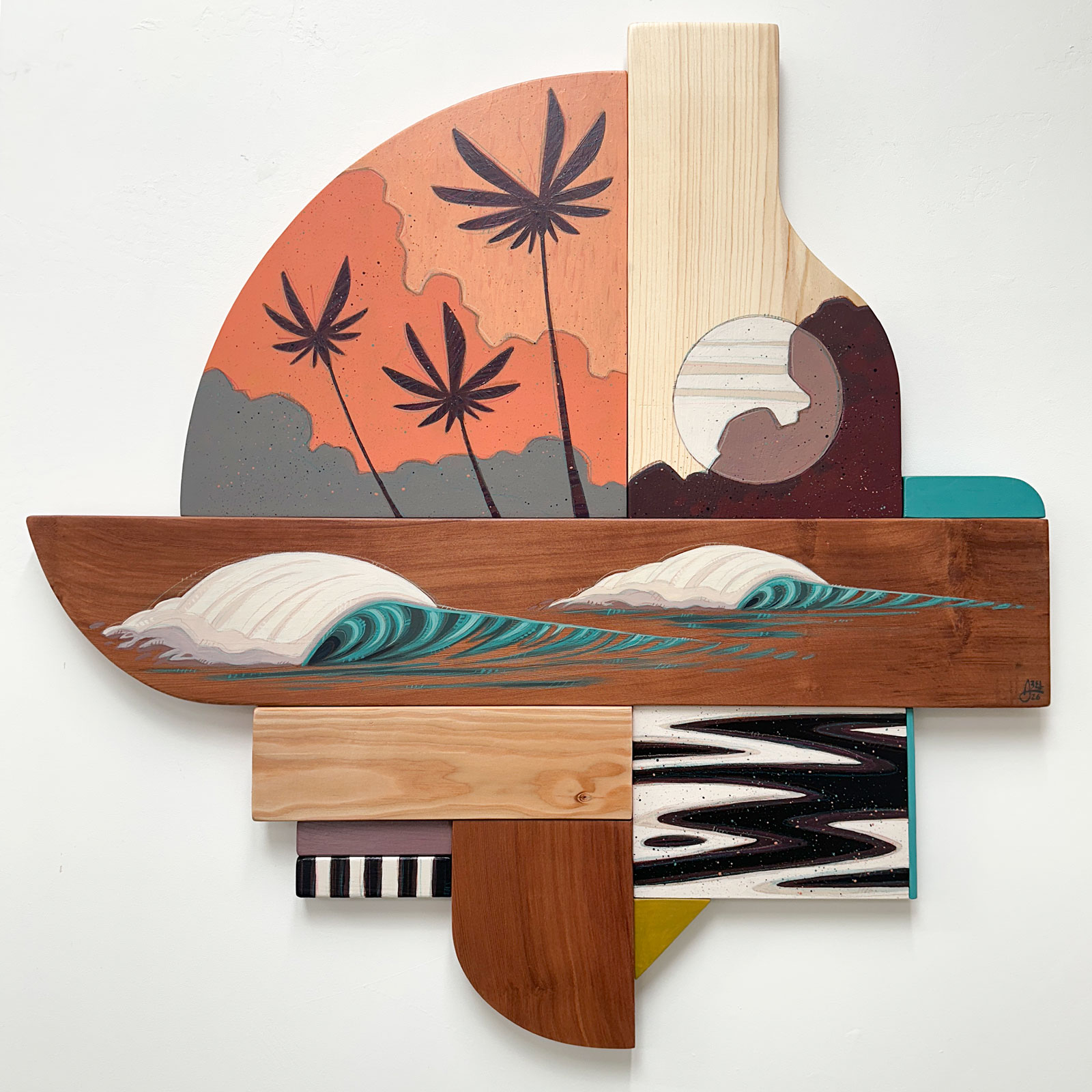 Abstract artwork with plants, water, and geometric shapes in various colors.