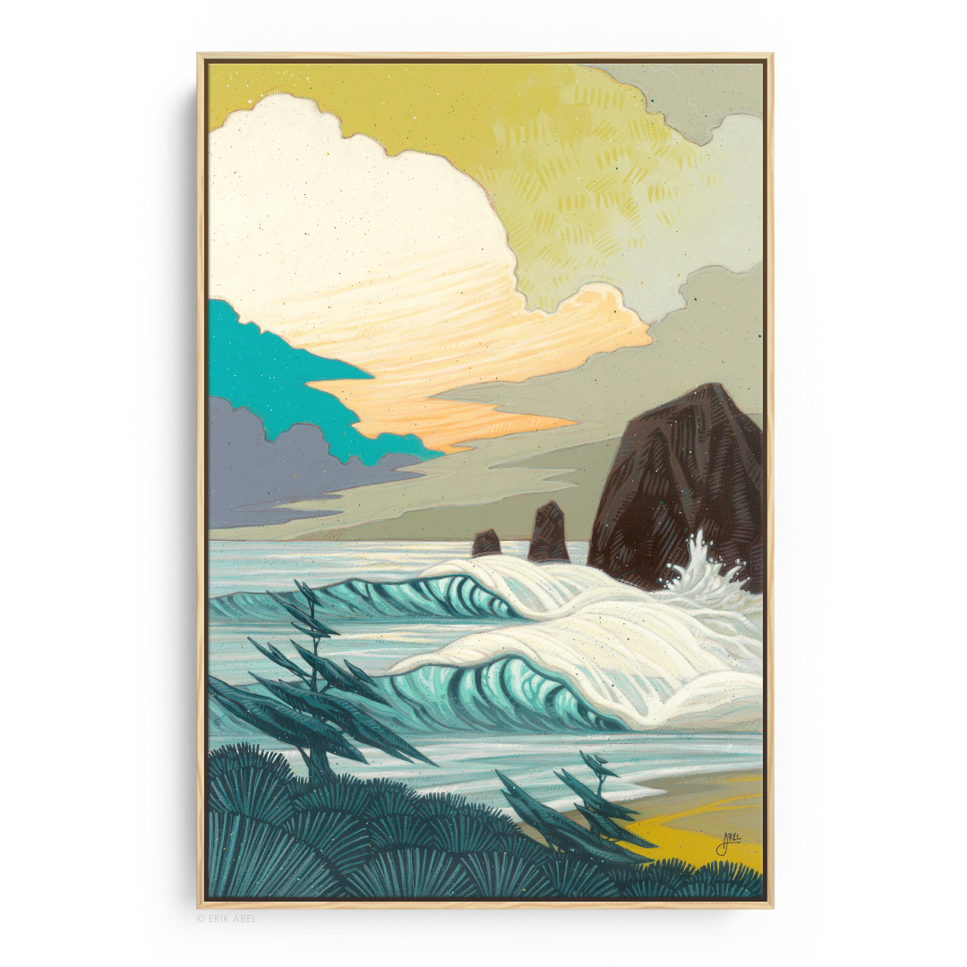 Landscape painting of ocean waves crashing against rocks with a cloudy sky and distant horizon.