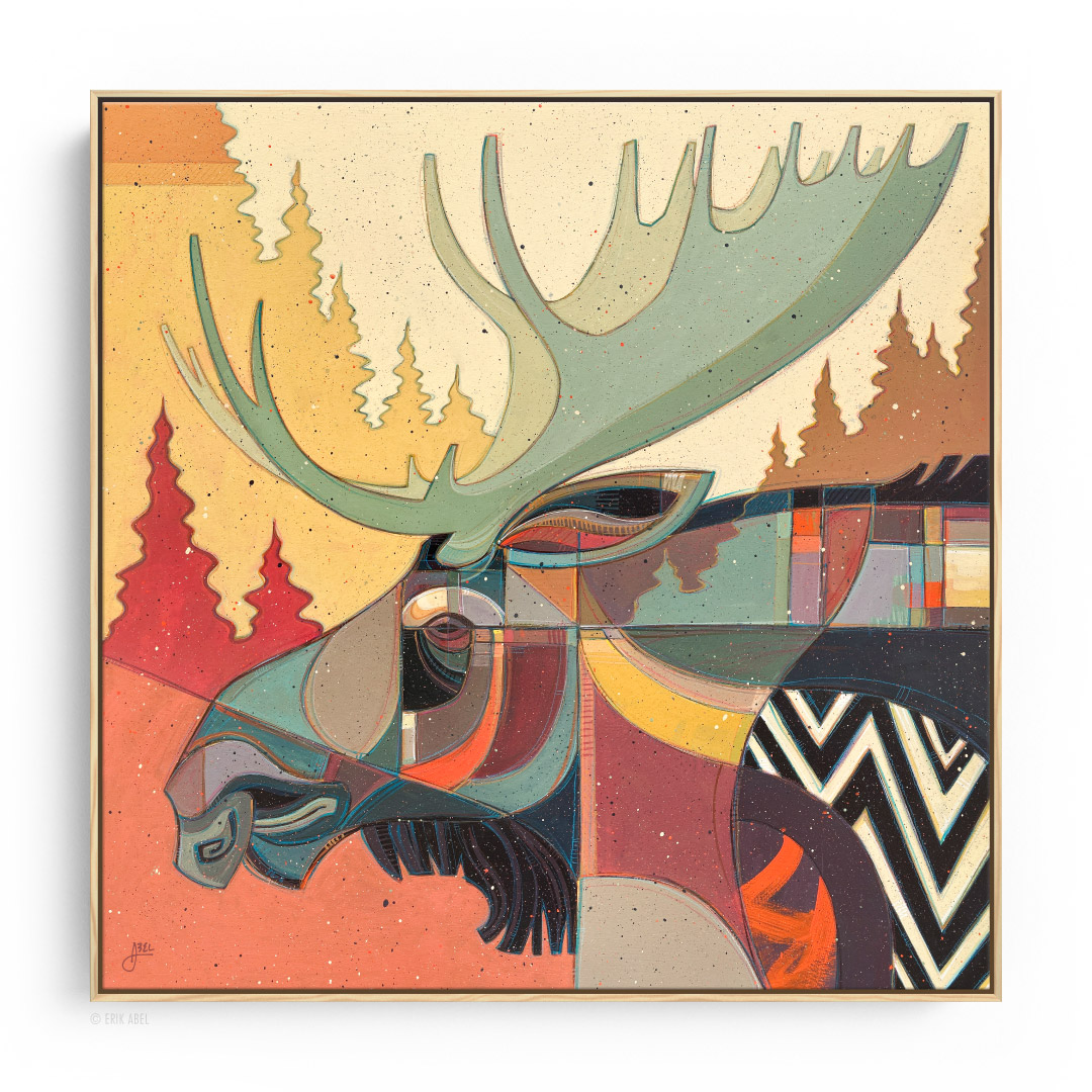 Stylized moose with large antlers, colorful geometric patterns, and a forest background with trees in warm tones.