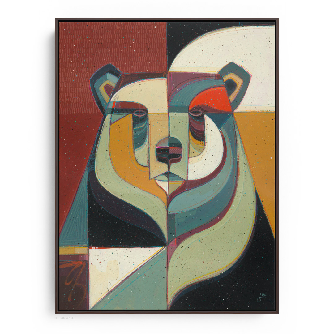 Abstract geometric bear portrait with colorful shapes and bold lines, divided into four sections, in a modern art style.