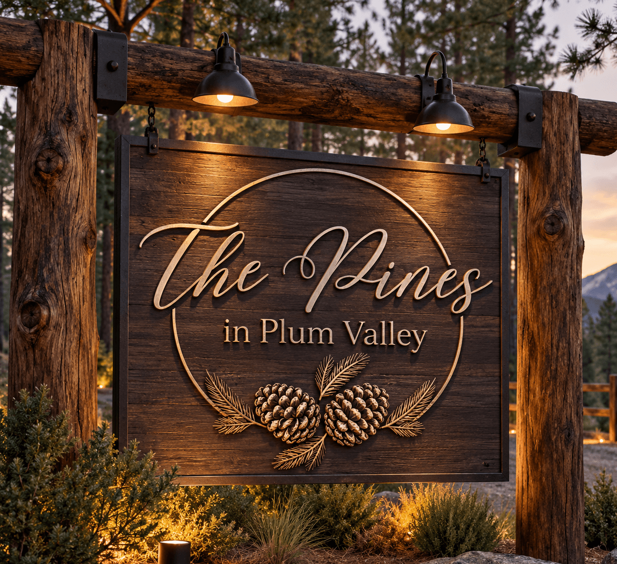 Wooden sign reads 'The Pines in Plum Valley' with pinecones and foliage, mounted on wooden posts outdoors.