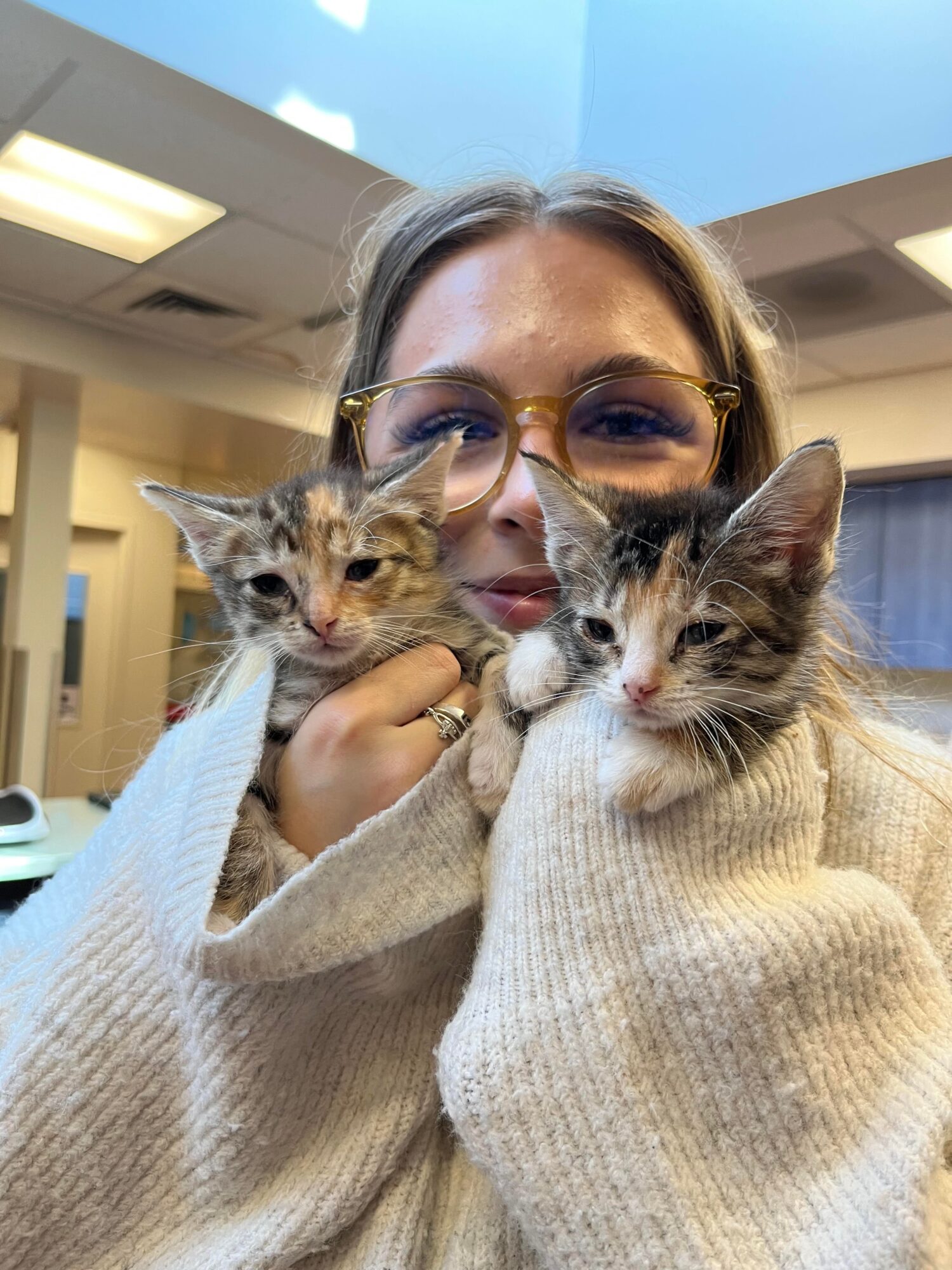 Person with glasses holding two tabby cats close to face indoors, smiling.