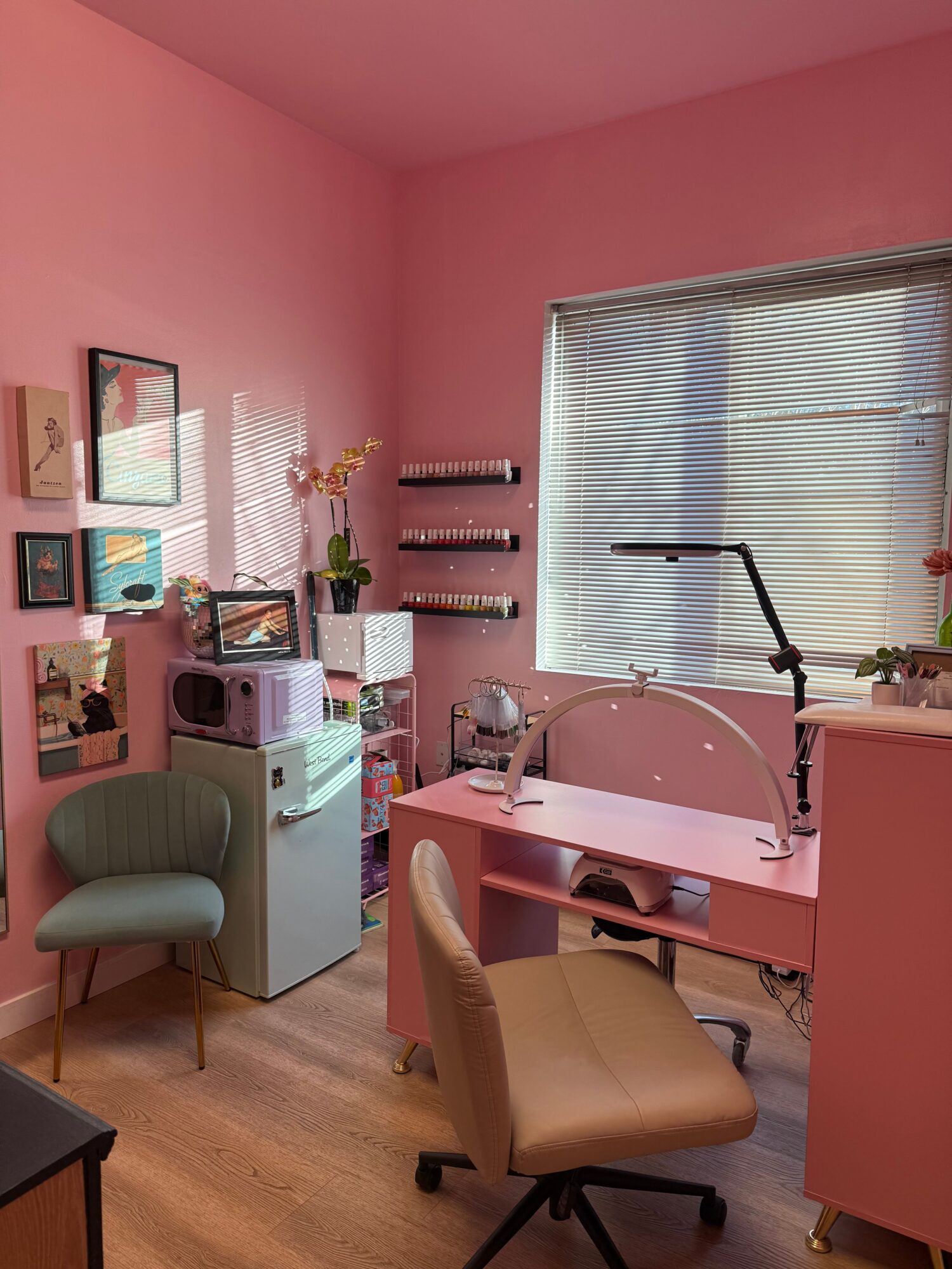 Pink-colored room with a window, a desk with a chair, and various items on the desk and shelves.