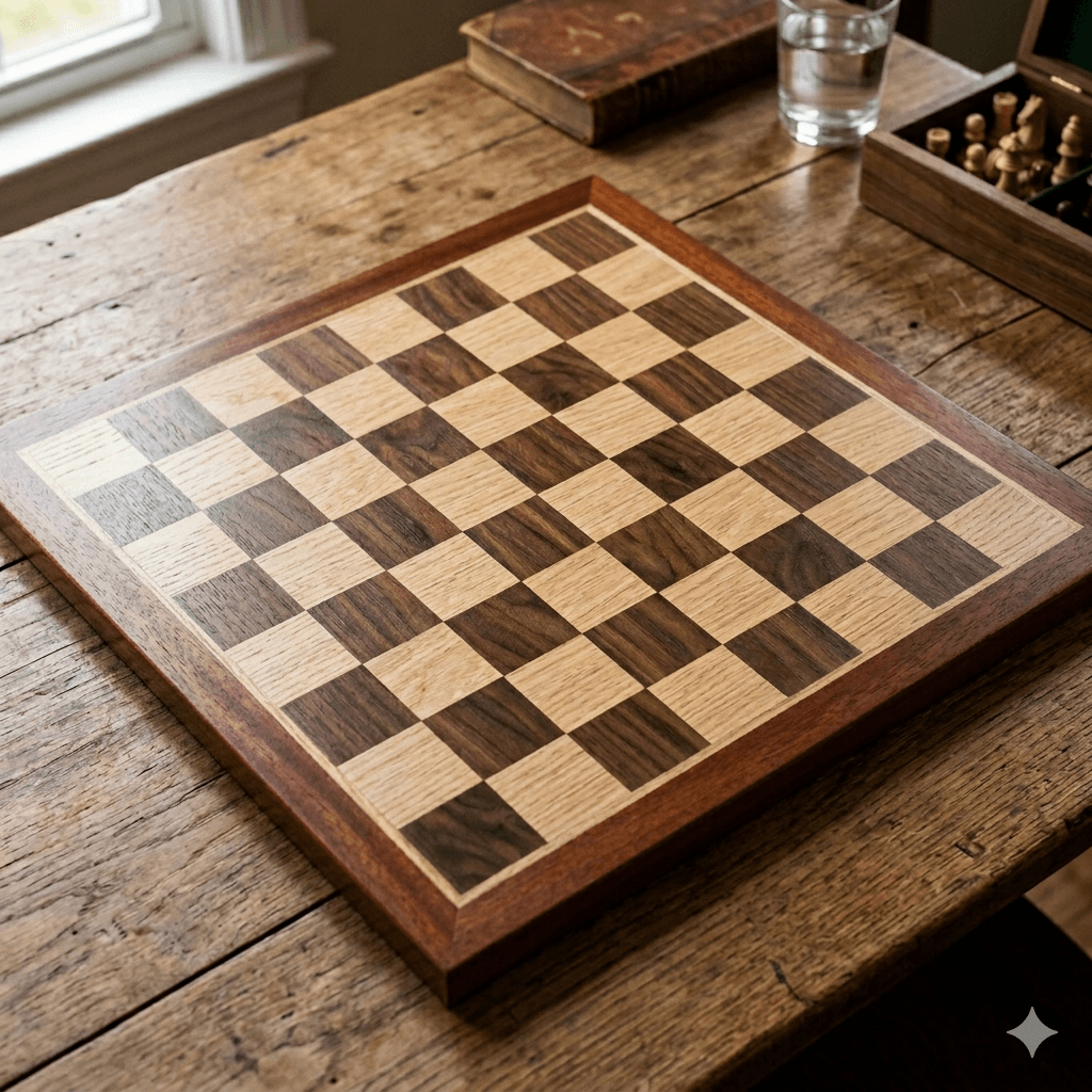 Wooden chessboard with alternating light and dark squares on a rustic table, with a glass of water and a chess set nearby.