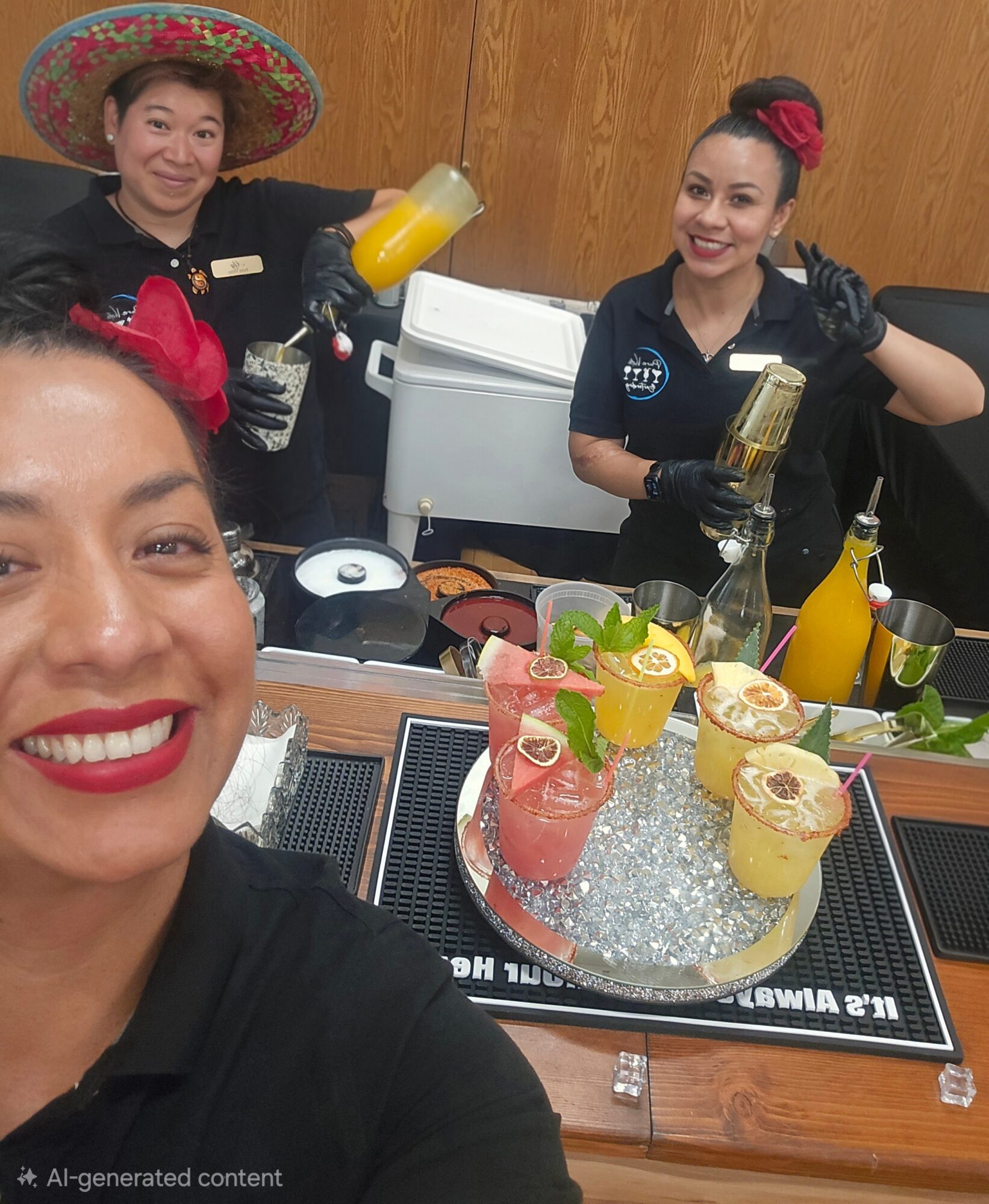 Three women behind a bar with colorful cocktails, smiling and holding bottles, with a woman in the foreground taking a selfie.