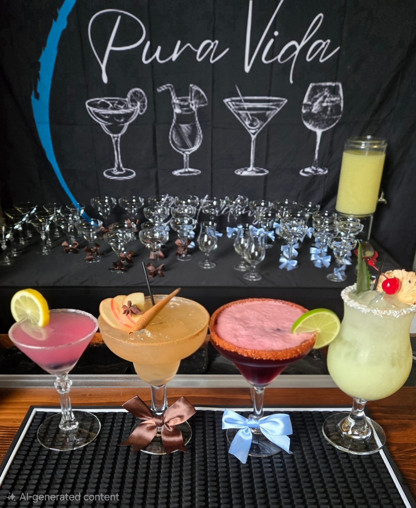 Four colorful cocktails with garnishes in front of a black backdrop with white line drawings of drinks and the words 'Pura Vida'.