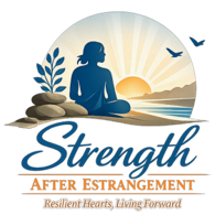 Silhouette of a person meditating by water with sunrise, birds, and plants, with the words 'Strength After Estrangement' and a tagline.