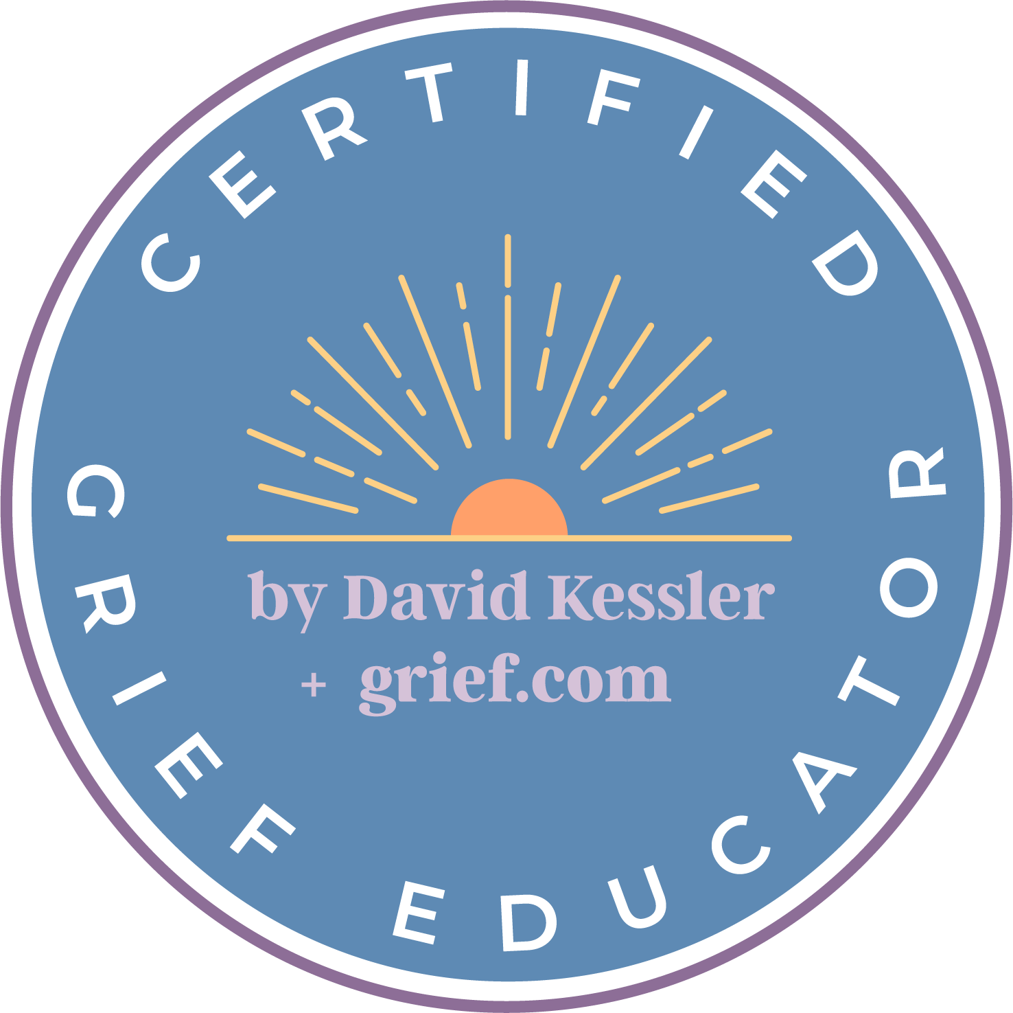 Circular badge with a sunrise graphic, text indicating certification, grief education, and website, on a blue background.
