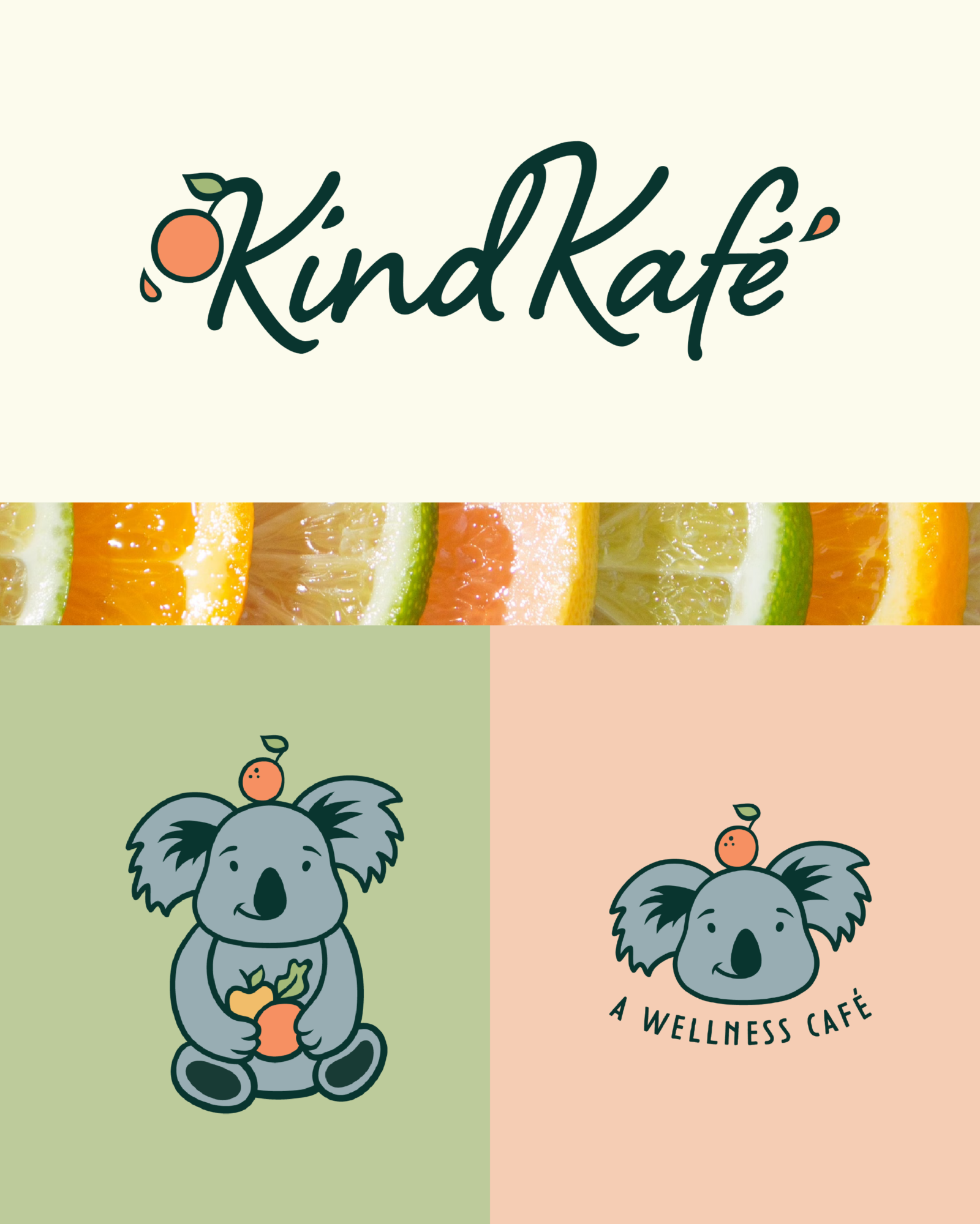 Logo with text 'Kind Café' above a colorful fruit border, two cartoon koalas holding cups, and the phrase 'A Wellness Café'.