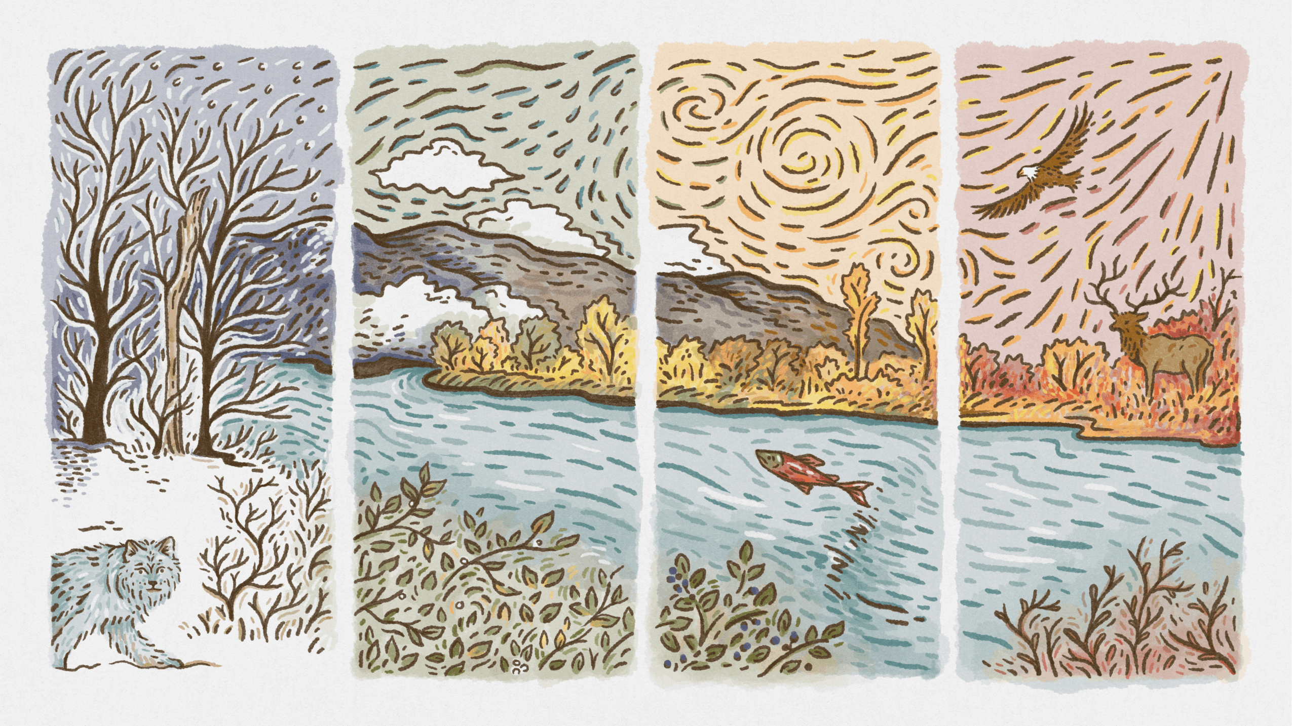 Five panels depict different seasons with trees, water, and sky, showing changing weather and scenery.
