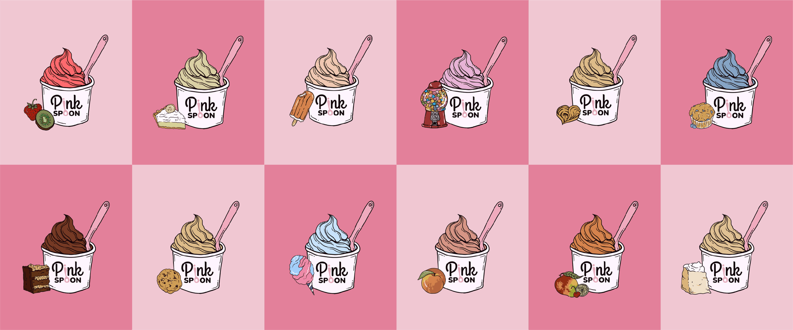 Collection of eight pink background images of ice cream and dessert cups with various toppings and flavors.