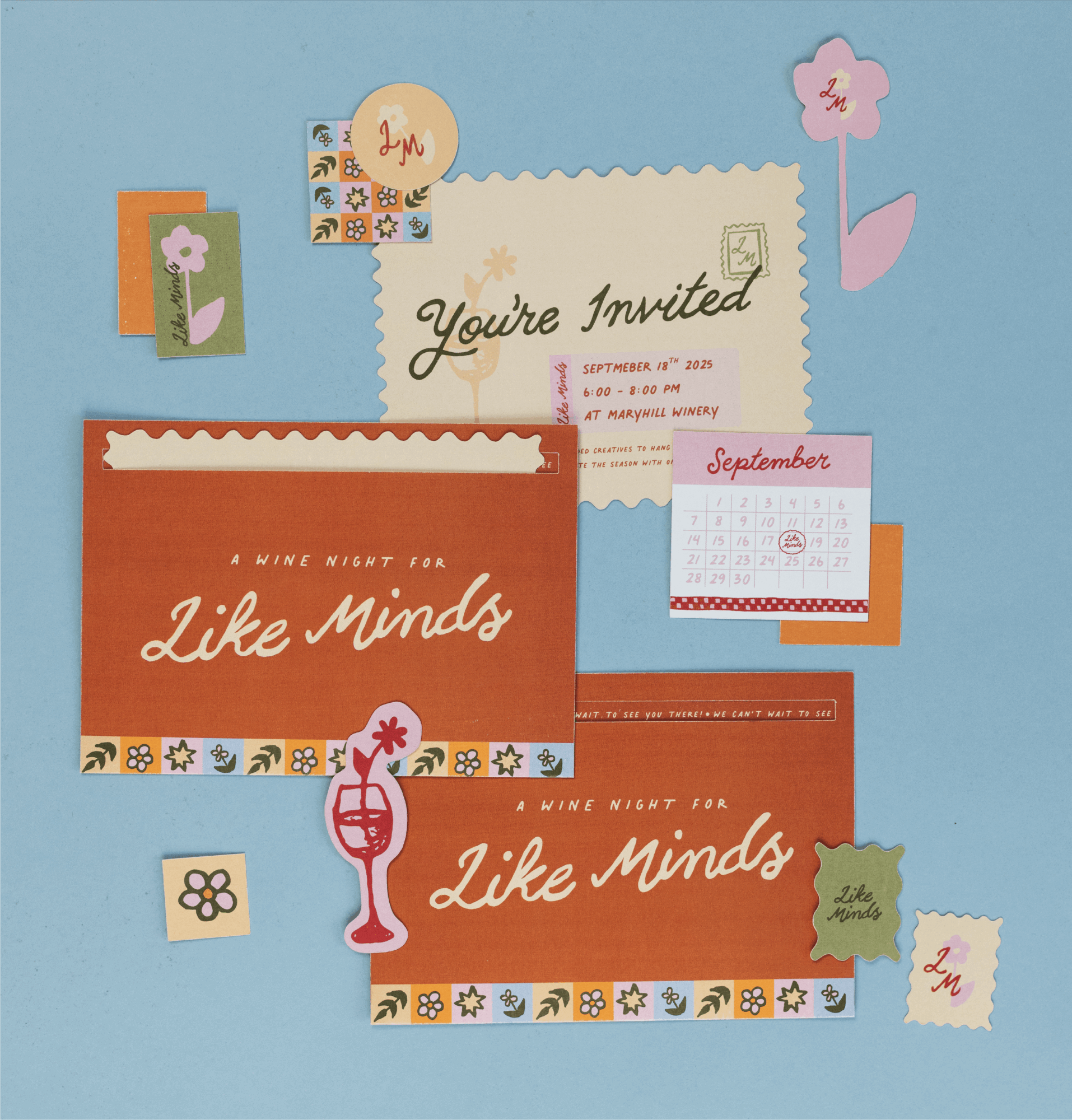 Invitation with colorful paper elements, including flowers, a calendar, and decorative strips, on a blue background.