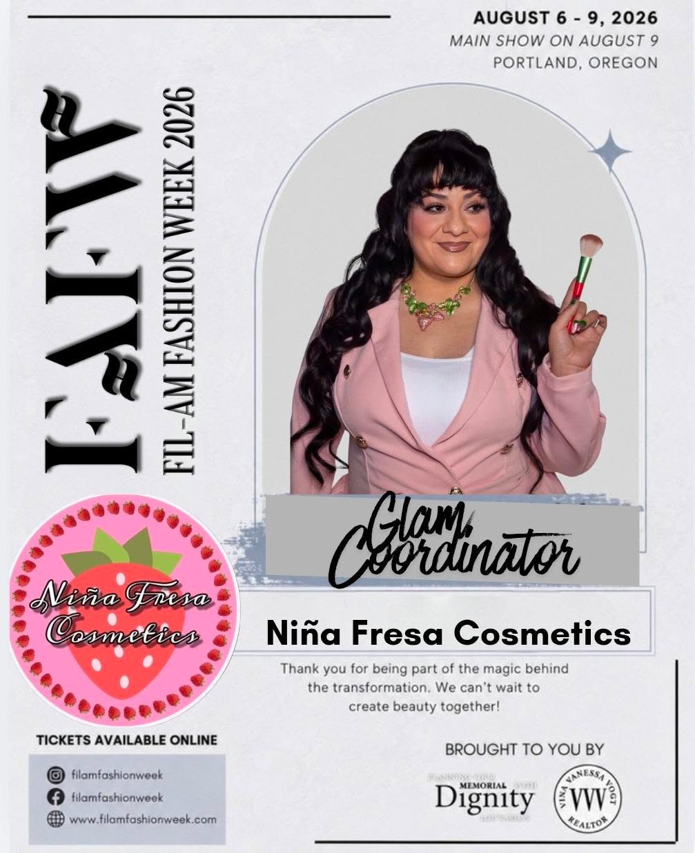 Woman with dark hair, pink blazer, holding a makeup brush, smiling, promotional event poster, text about fashion week and glam coordinator.