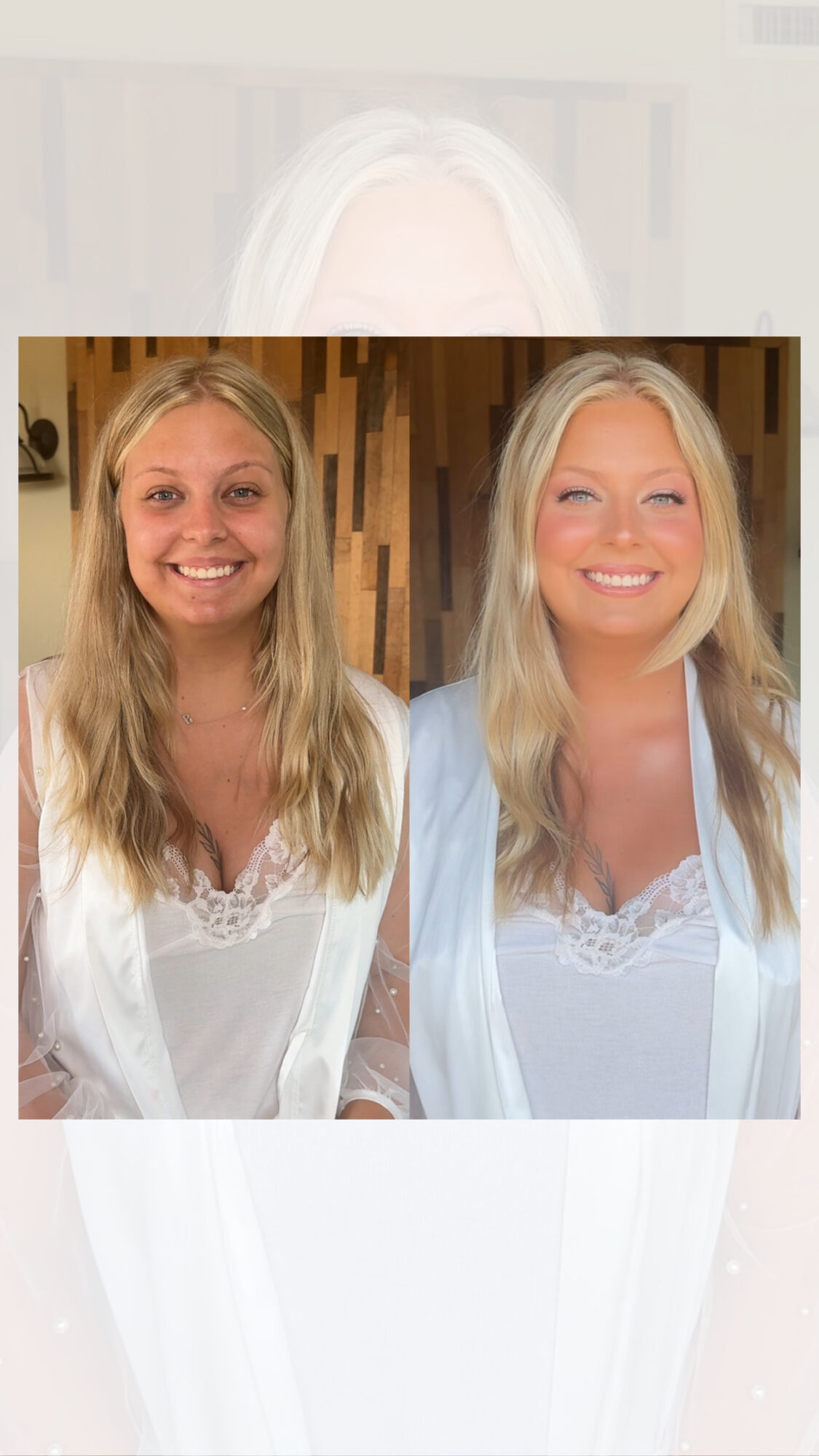 Side-by-side photos of a woman before and after hair and makeup transformation, smiling in both images.